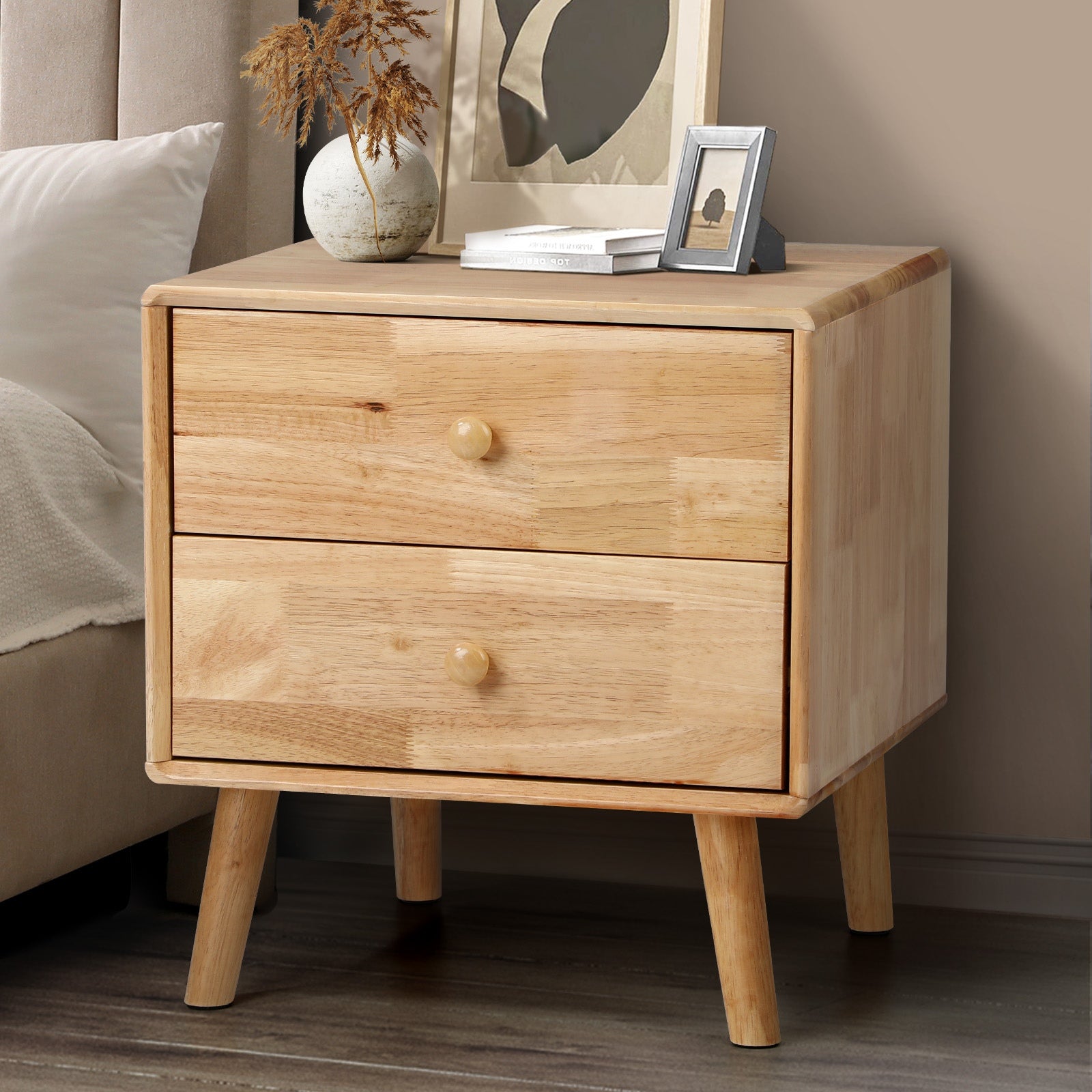 Oikiture Bedside Table 2 Drawers Side Tables Storage Nightstand Rubber Wood - Sunyee