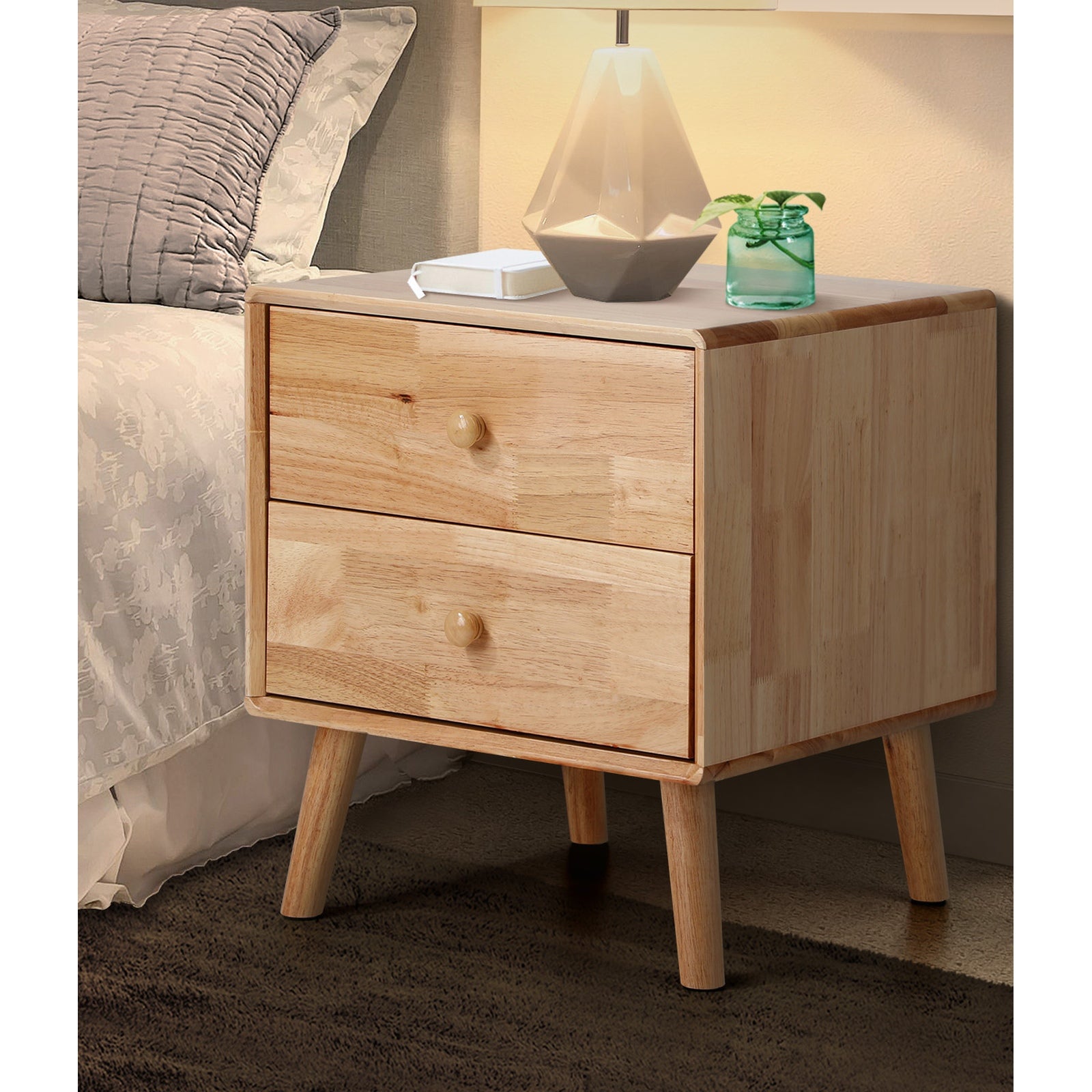 Oikiture Bedside Table 2 Drawers Side Tables Storage Nightstand Rubber Wood - Sunyee
