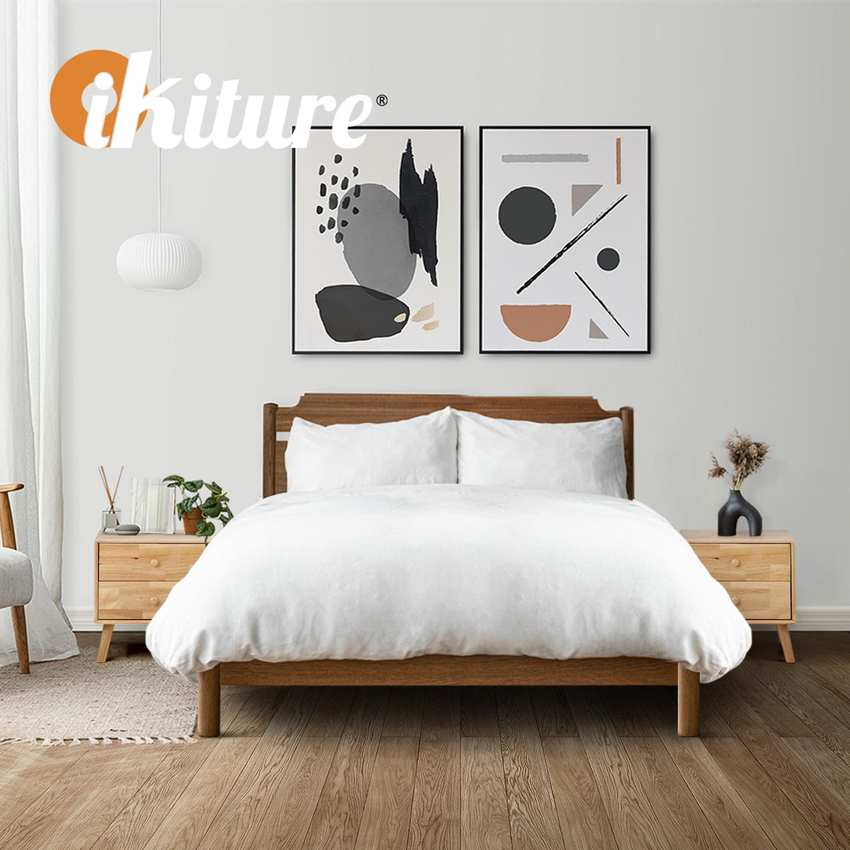 Oikiture Set of 2 Bedside Tables 2 Drawers Side Tables Nightstand Rubber Wood - Sunyee