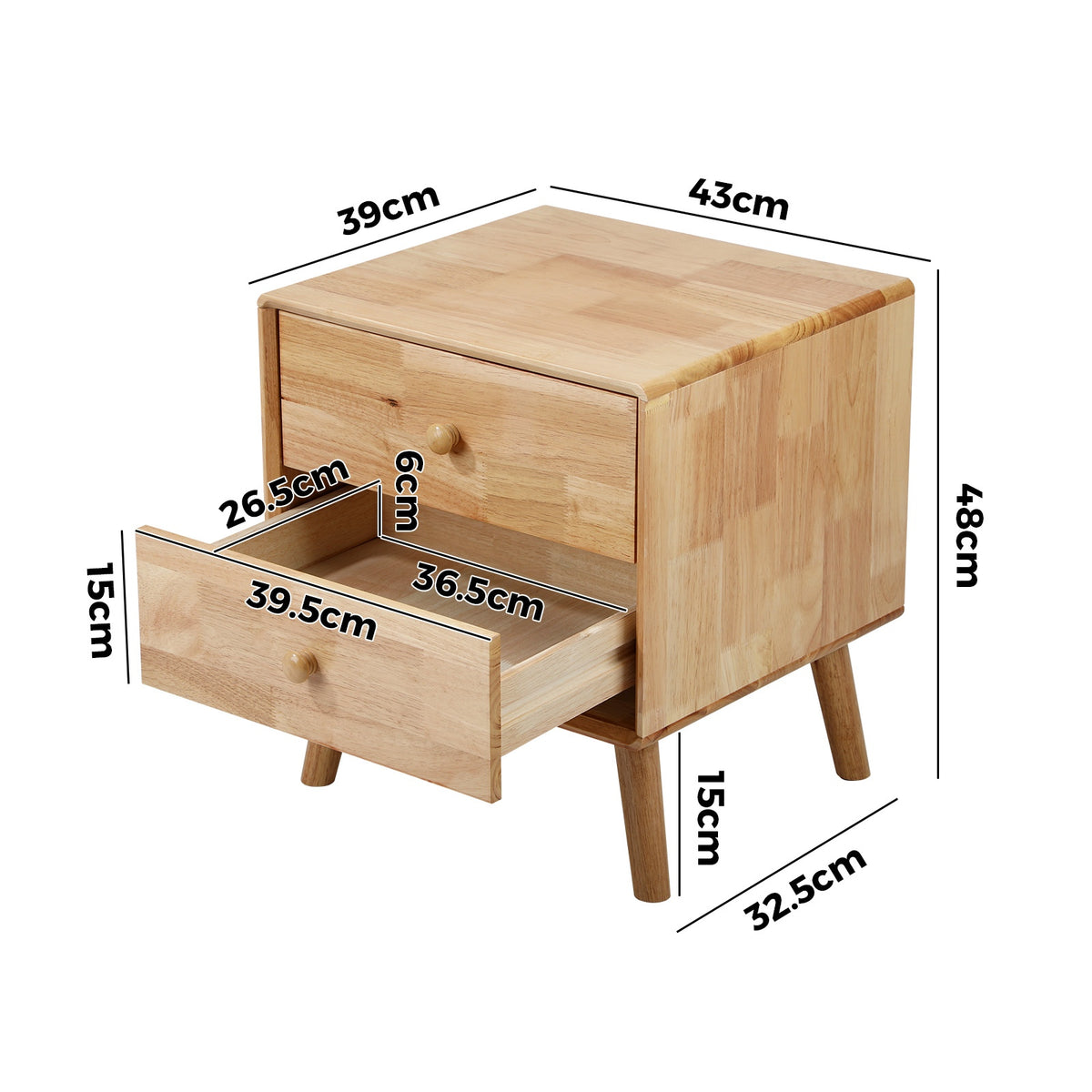 Oikiture Set of 2 Bedside Tables 2 Drawers Side Tables Nightstand Rubber Wood - Sunyee