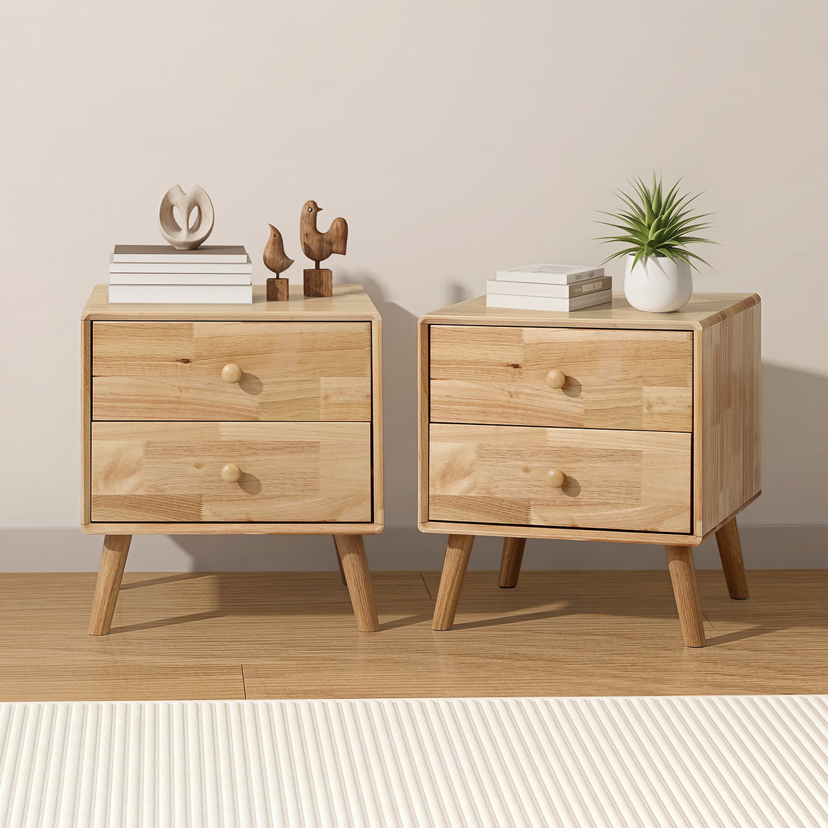 Oikiture Set of 2 Bedside Tables 2 Drawers Side Tables Nightstand Rubber Wood - Sunyee