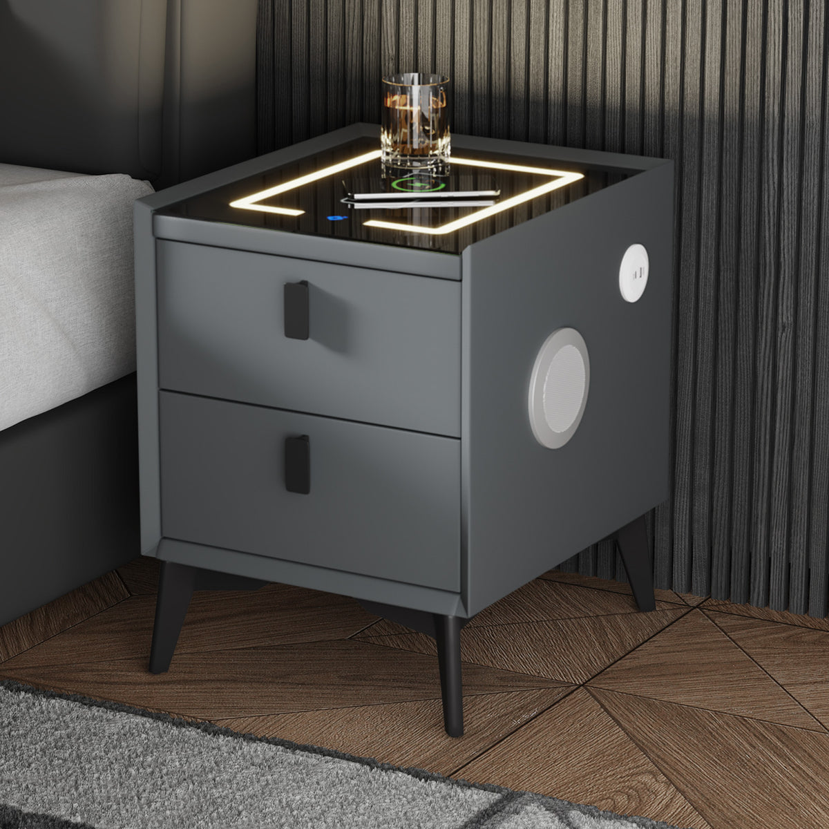Oikiture Smart Bedside Table Wireless Charging LED Lights 2 Drawers Nightstand - Sunyee