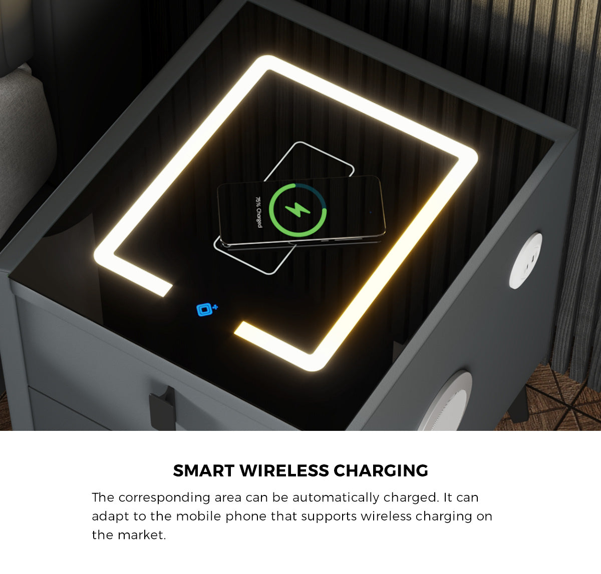 Oikiture Smart Bedside Table Wireless Charging LED Lights 2 Drawers Nightstand - Sunyee
