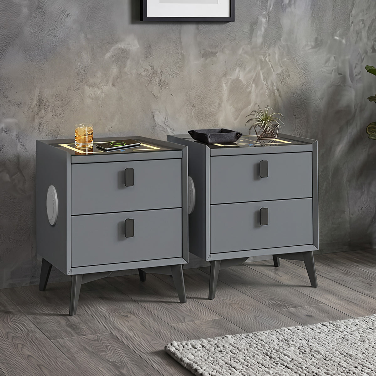 Oikiture Set of 2 Smart Bedside Tables Wireless Charging LED Nightstand Drawers - Sunyee