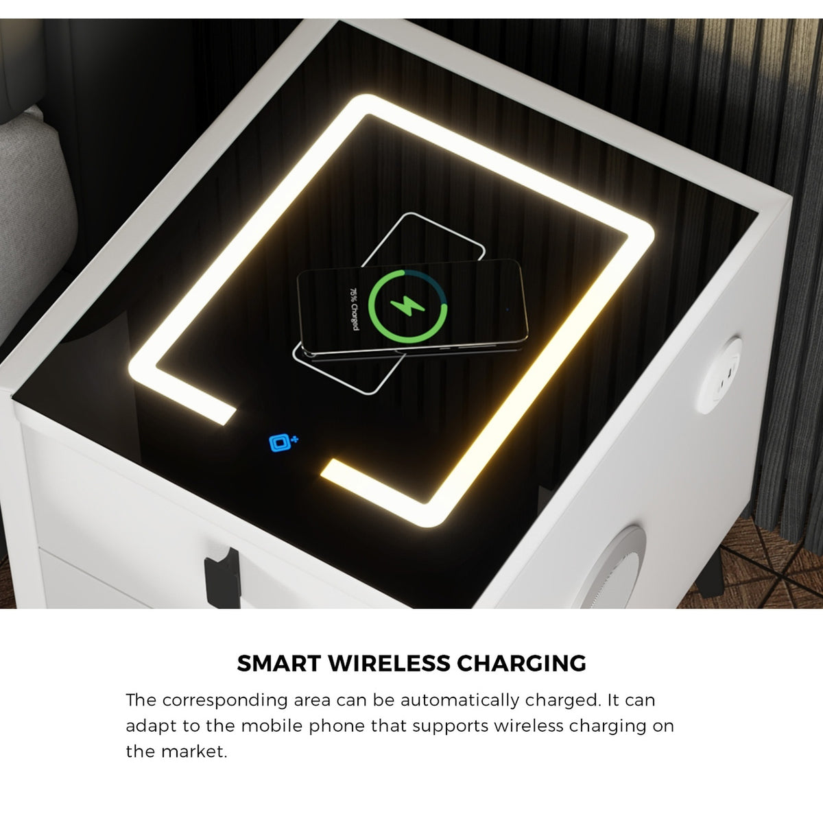 Oikiture Set of 2 Smart Bedside Tables Wireless Charging LED Drawers Nightstand - Sunyee