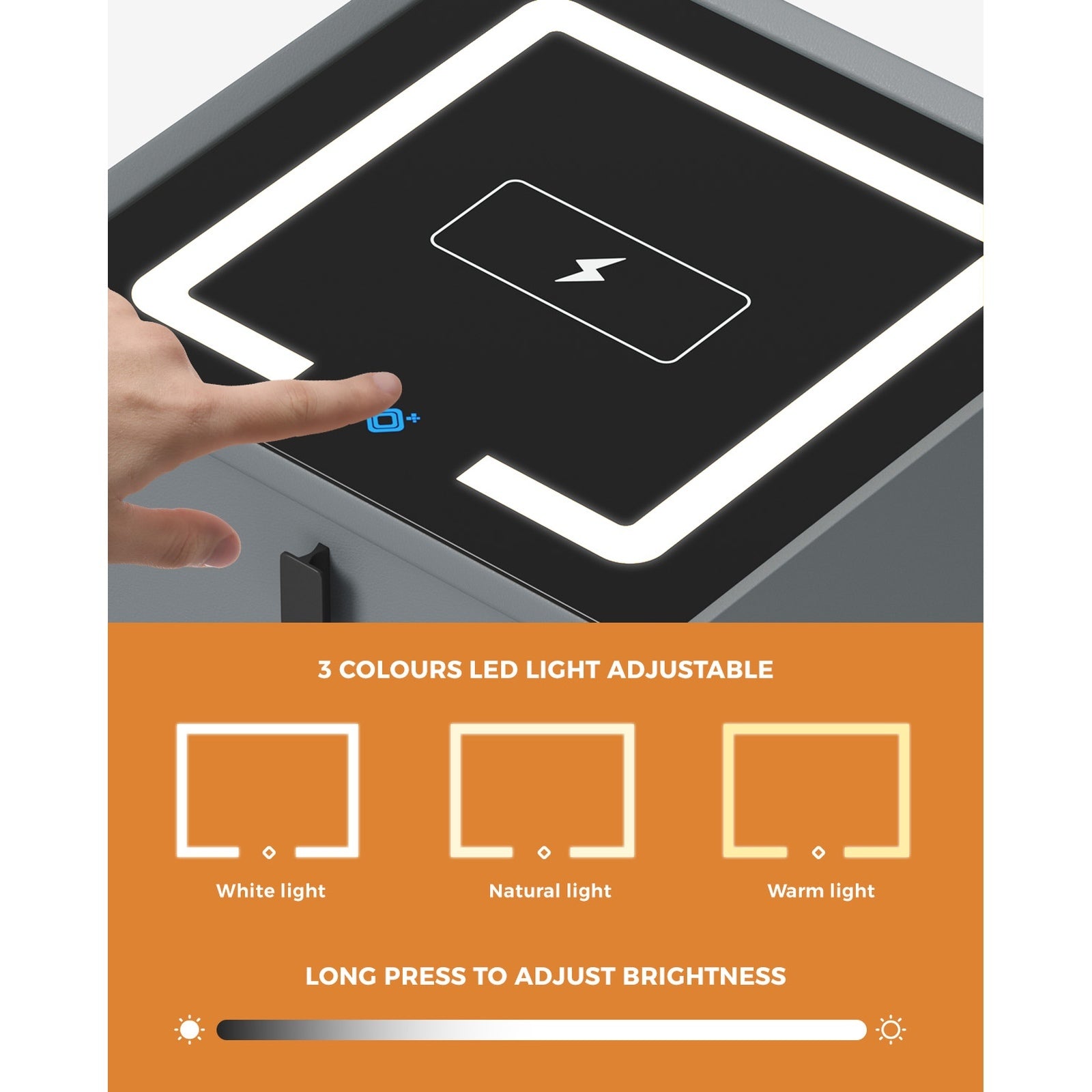 Oikiture Set of 2 Smart Bedside Tables Wireless Charging LED Lights 3 Drawers - Sunyee