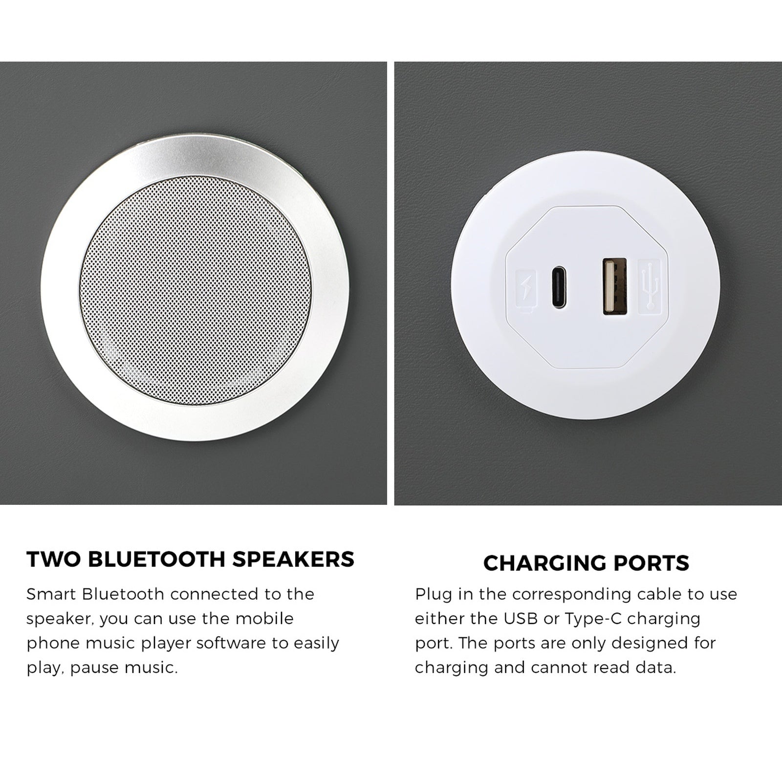 Oikiture Set of 2 Smart Bedside Tables Wireless Charging LED Lights 3 Drawers - Sunyee