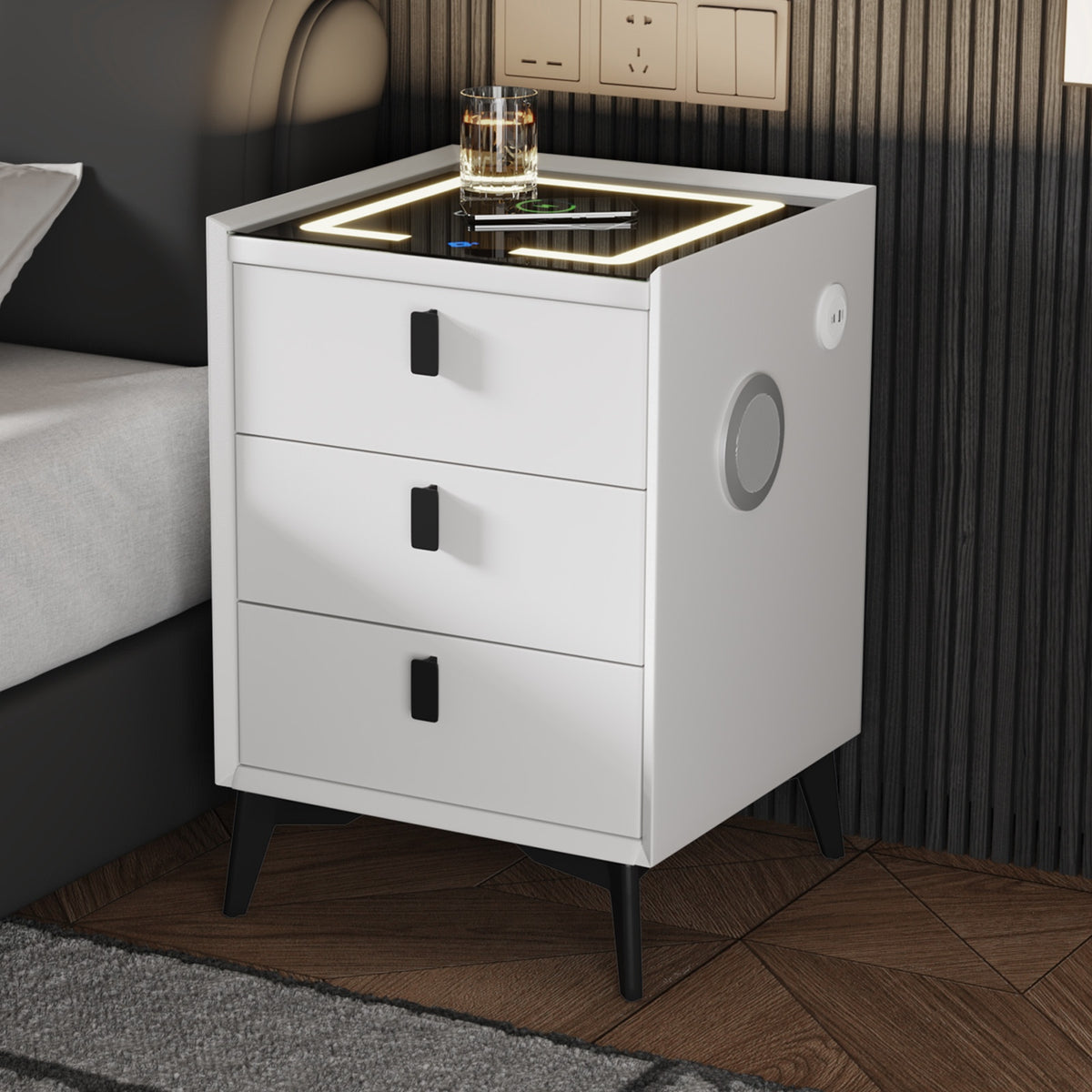 Oikiture Smart Bedside Table Wireless Charging LED 3 Drawers Nightstand White - Sunyee