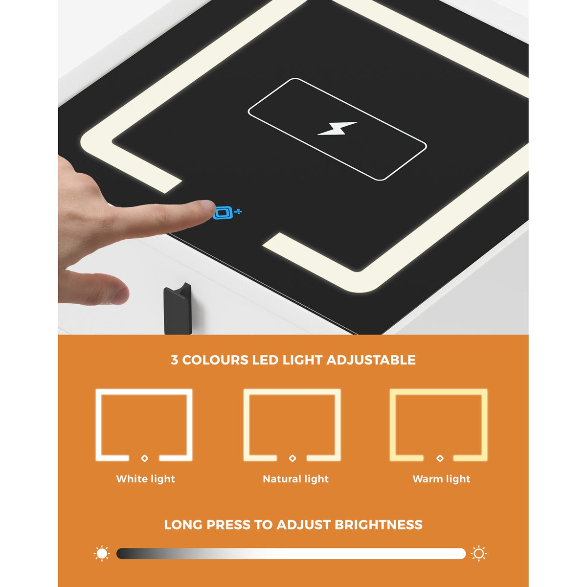 Oikiture Smart Bedside Table Wireless Charging LED 3 Drawers Nightstand White - Sunyee