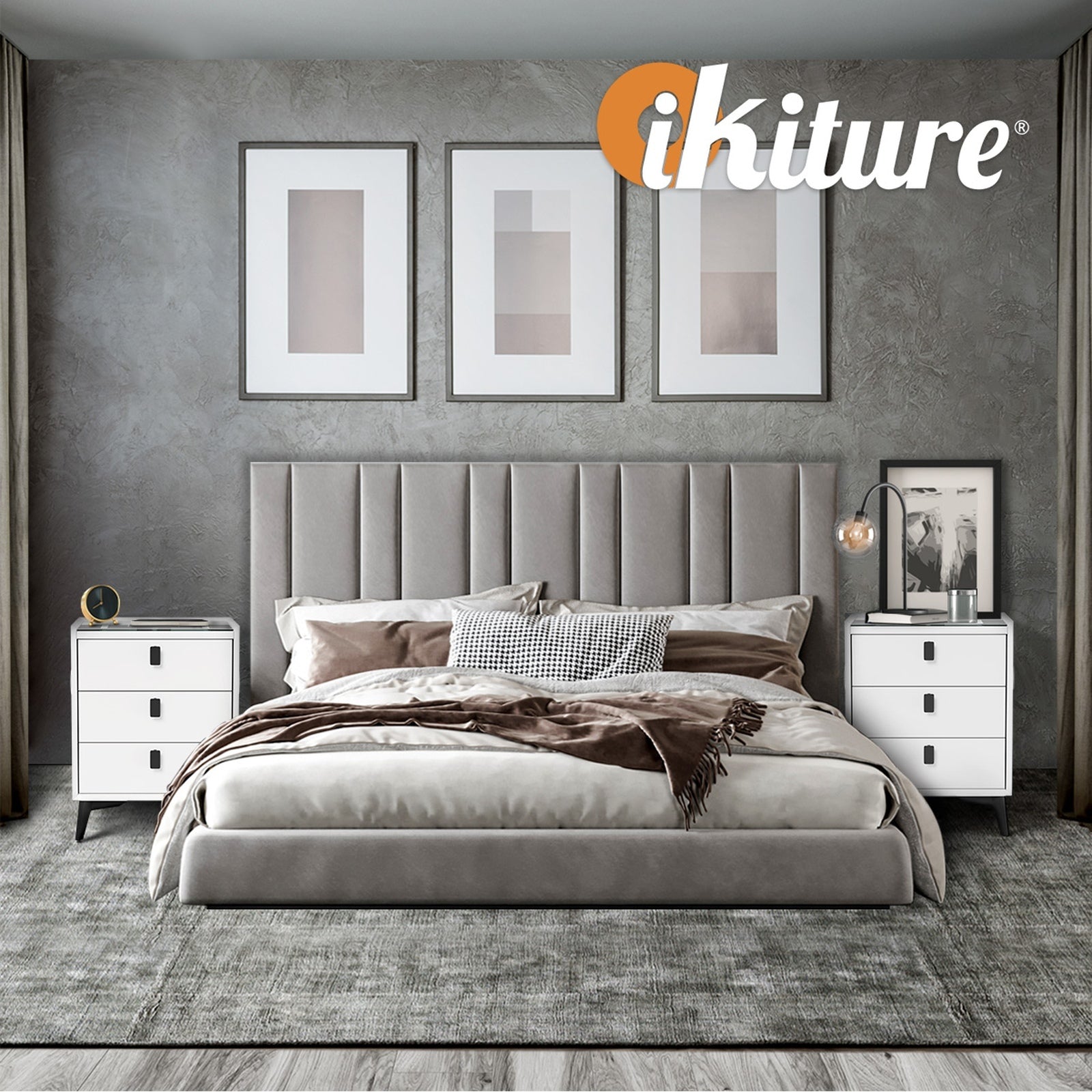 Oikiture Set of 2 Smart Bedside Tables Wireless Charging LED 3 Drawer Nightstand - Sunyee