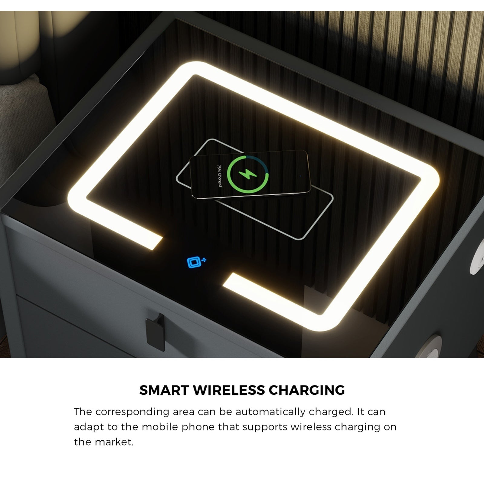 Oikiture Set of 2 Smart Bedside Tables Wireless Charging LED Nightstand Grey - Sunyee