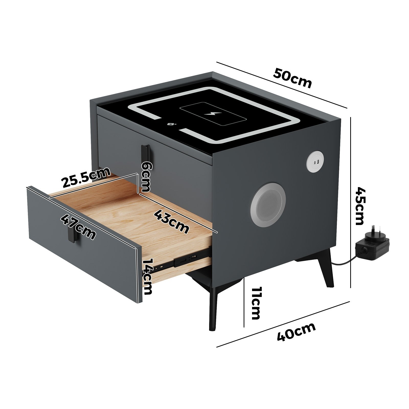 Oikiture Set of 2 Smart Bedside Tables Wireless Charging LED Nightstand Grey - Sunyee