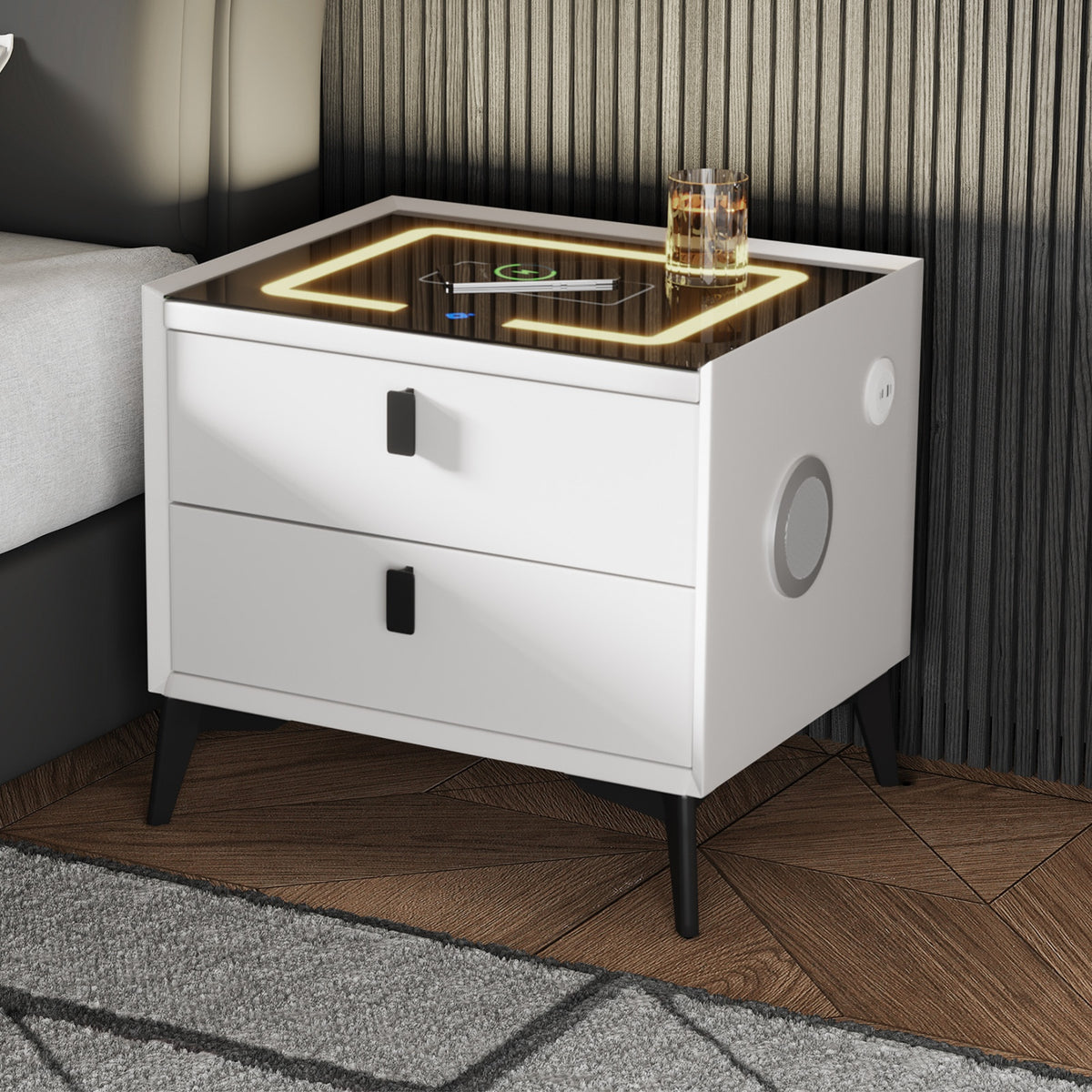 Oikiture Smart Bedside Table LED Wireless Charging 2 Drawers Nightstand White - Sunyee