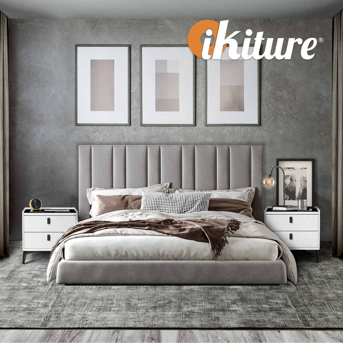 Oikiture Smart Bedside Table LED Wireless Charging 2 Drawers Nightstand White - Sunyee