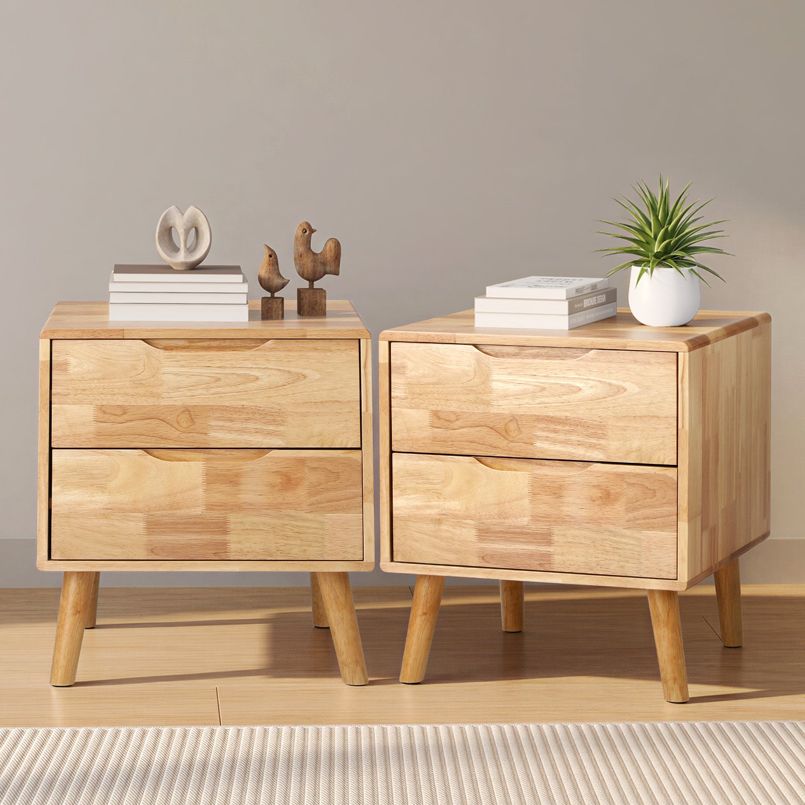 Oikiture 2pc Bedside Tables 2 Drawers Storage Nightstand Solid Wood Natural