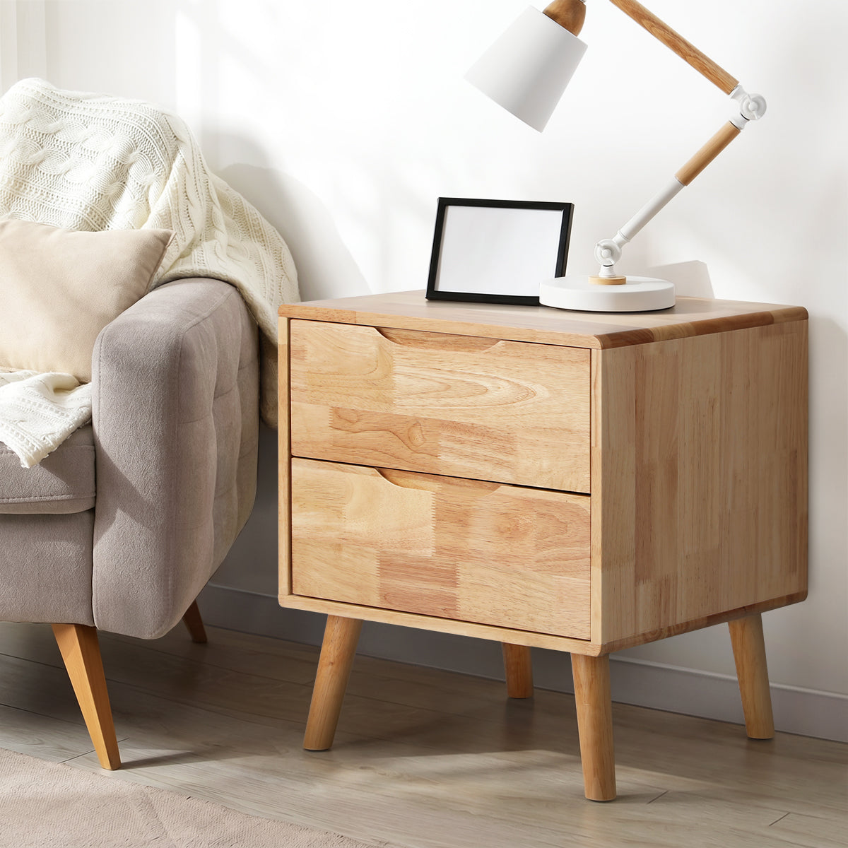 Oikiture 2pc Bedside Tables 2 Drawers Storage Nightstand Solid Wood Natural