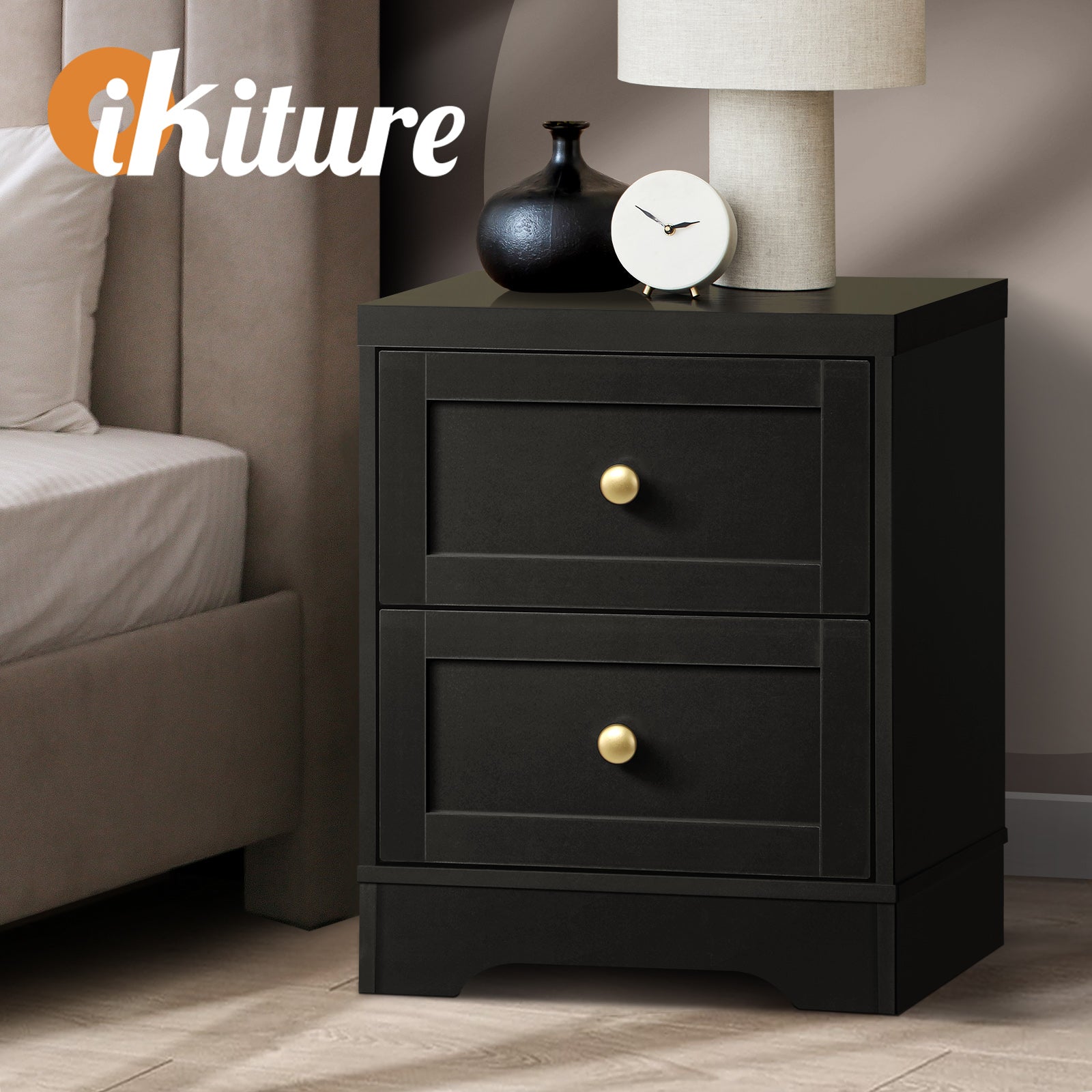 Oikiture Bedside Tables 2 Drawers Hamptons Furniture Storage Cabinet Black - Sunyee