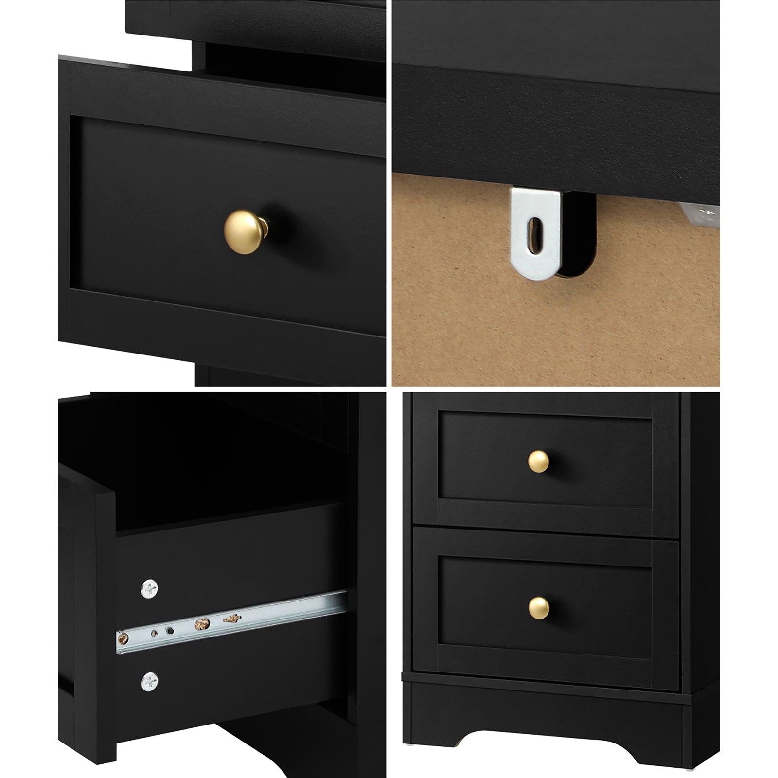 Oikiture Bedside Tables 2 Drawers Hamptons Furniture Storage Cabinet Black - Sunyee