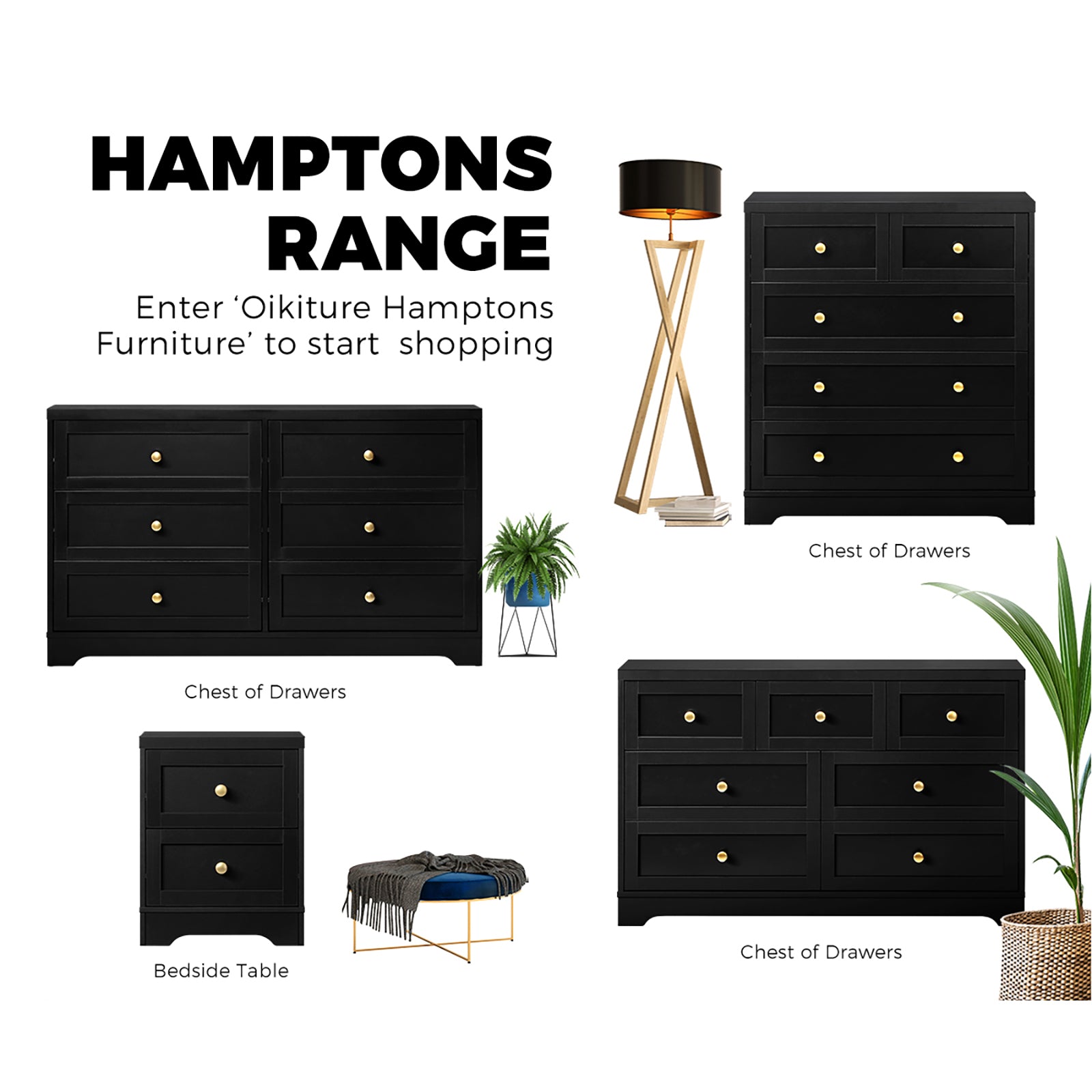 Oikiture Bedside Tables 2 Drawers Hamptons Furniture Storage Cabinet Black - Sunyee