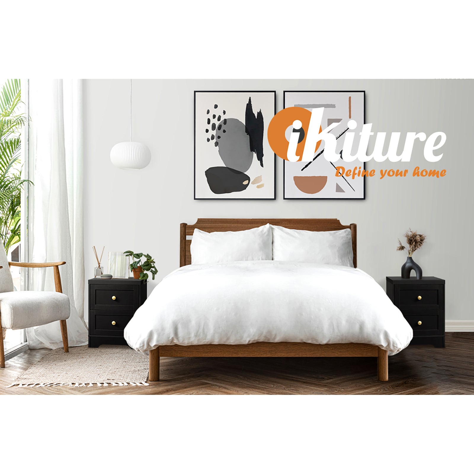 Oikiture Bedside Tables 2 Drawers Hamptons Furniture Storage Cabinet Black - Sunyee