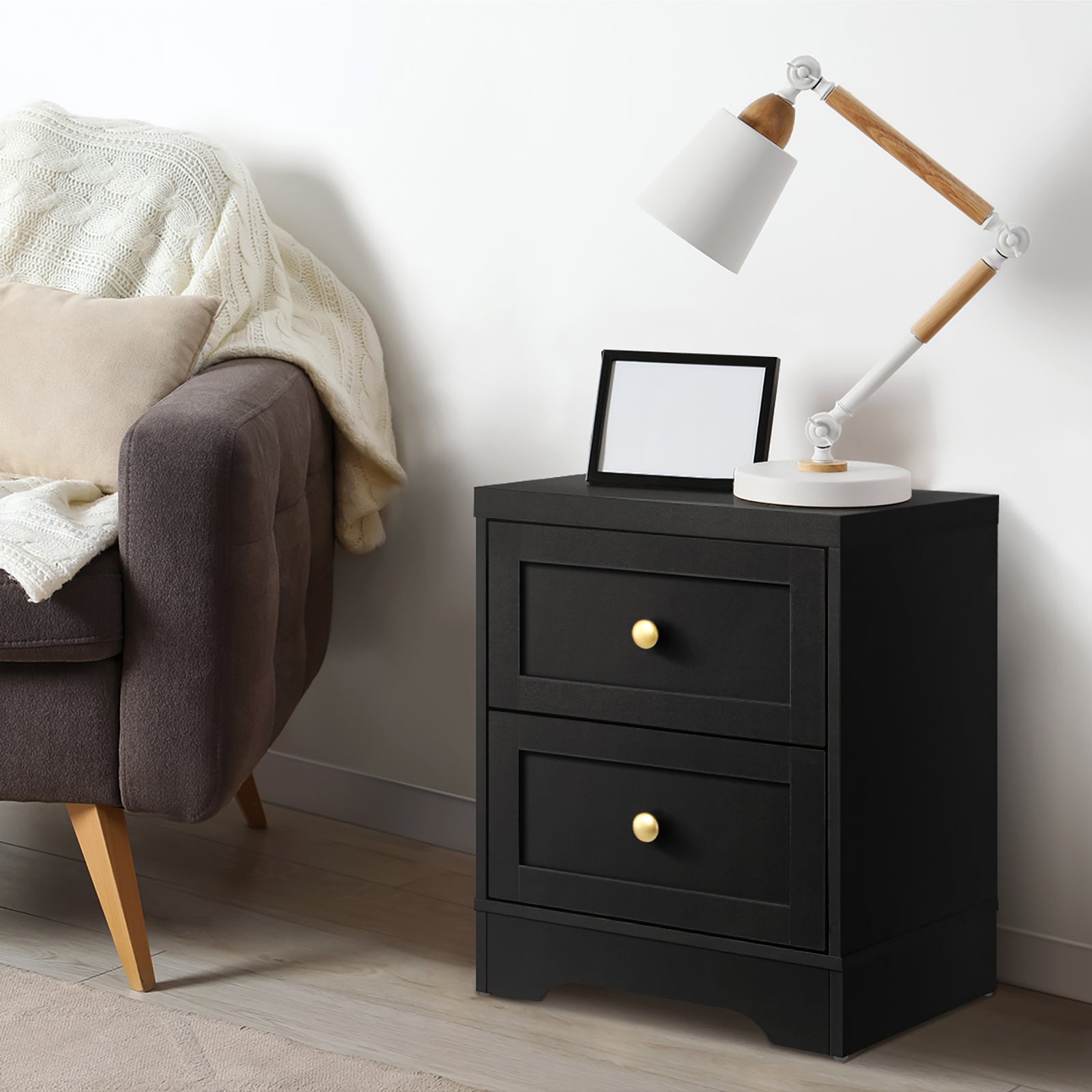Oikiture 2 X Bedside Tables Hamptons Furniture Storage Cabinet Black - Sunyee