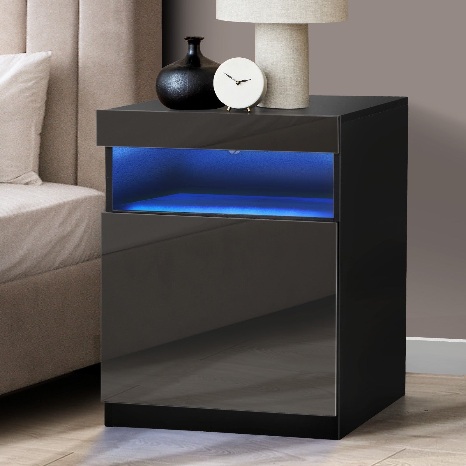 Oikiture Bedside Table LED Nightstand Shelf Side End Table Storage Cabinet Black - Sunyee