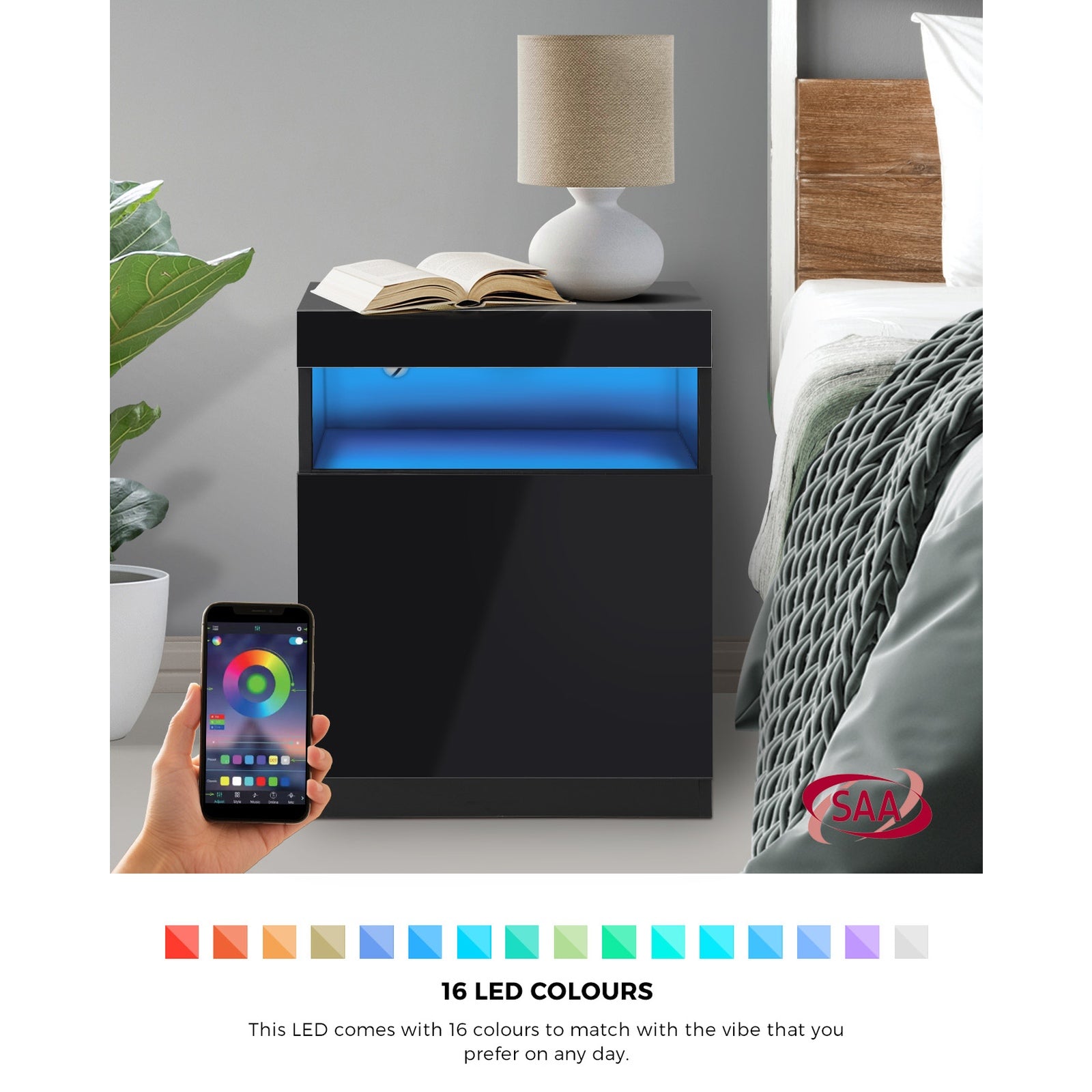 Oikiture Bedside Table LED Nightstand Shelf Side End Table Storage Cabinet Black - Sunyee