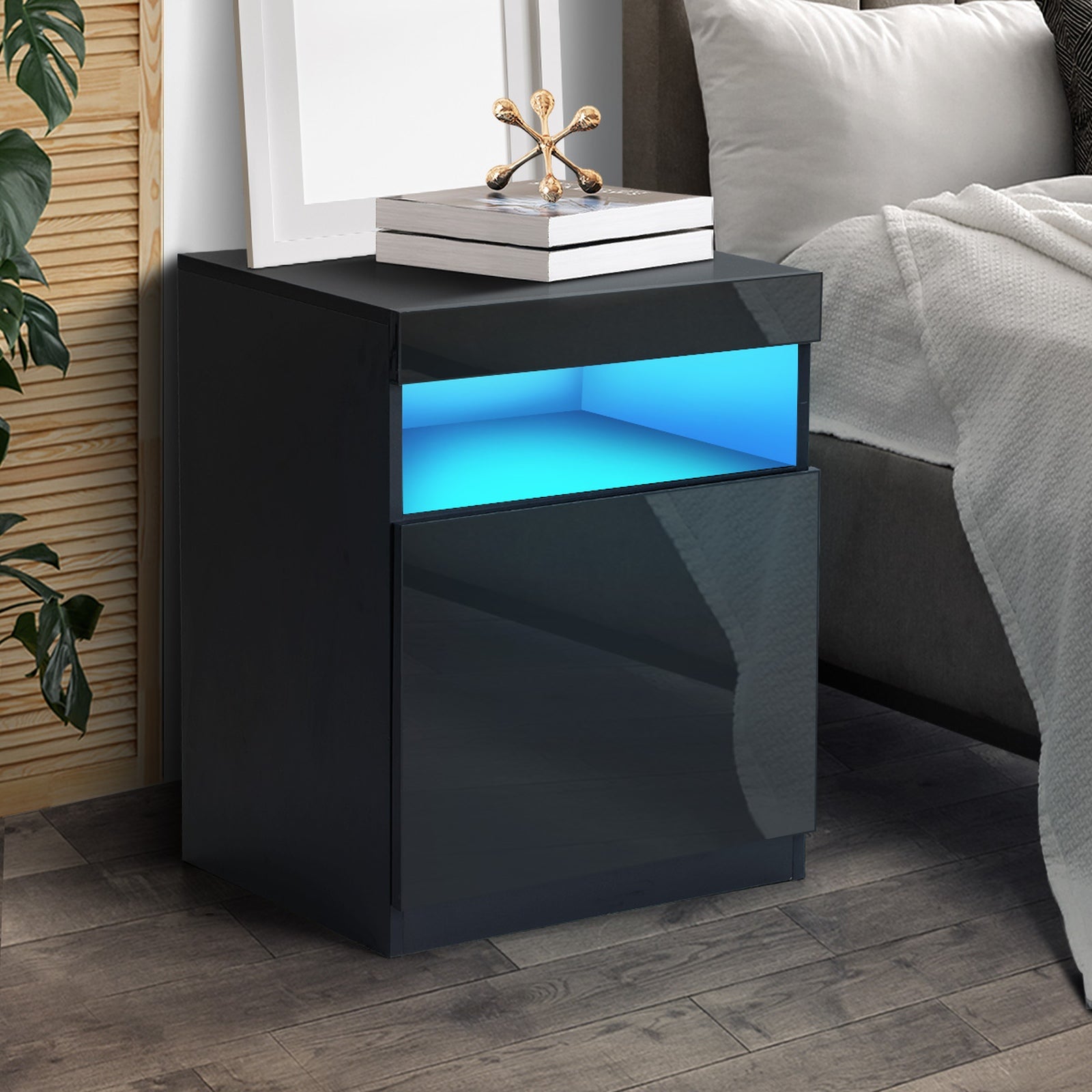 Oikiture Bedside Table LED Nightstand Shelf Side End Table Storage Cabinet Black - Sunyee