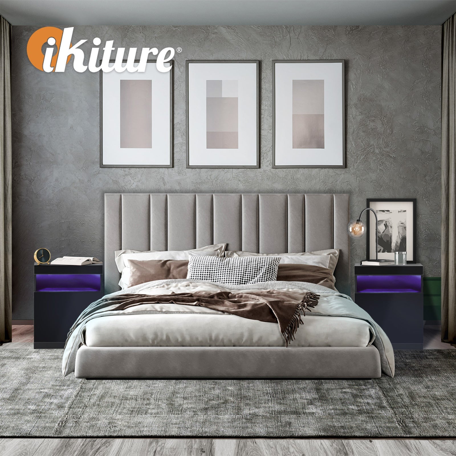 Oikiture Bedside Table LED Nightstand Shelf Side End Table Storage Cabinet Black - Sunyee