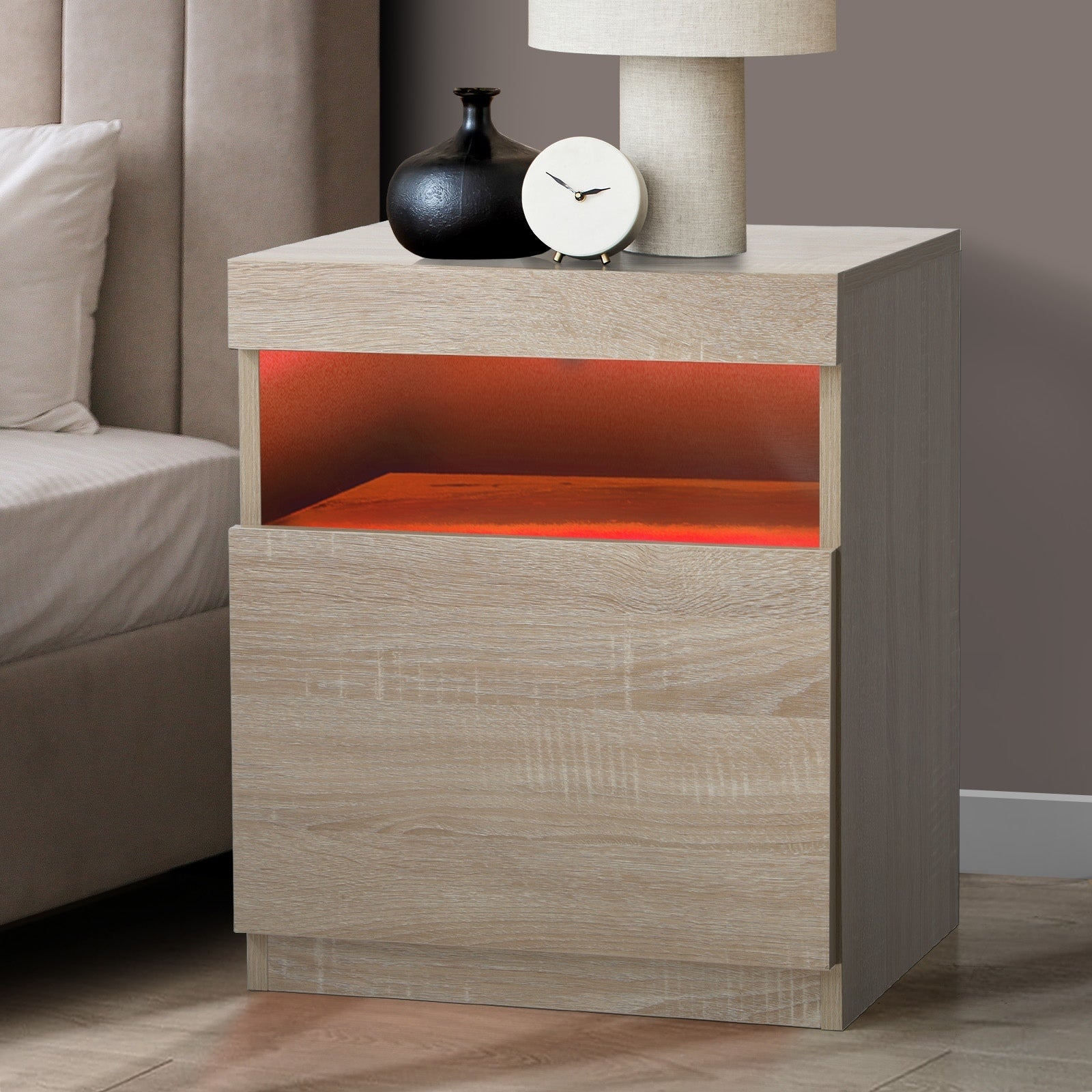 Oikiture Bedside Table LED Nightstand Shelf Side End Table Storage Cabinet