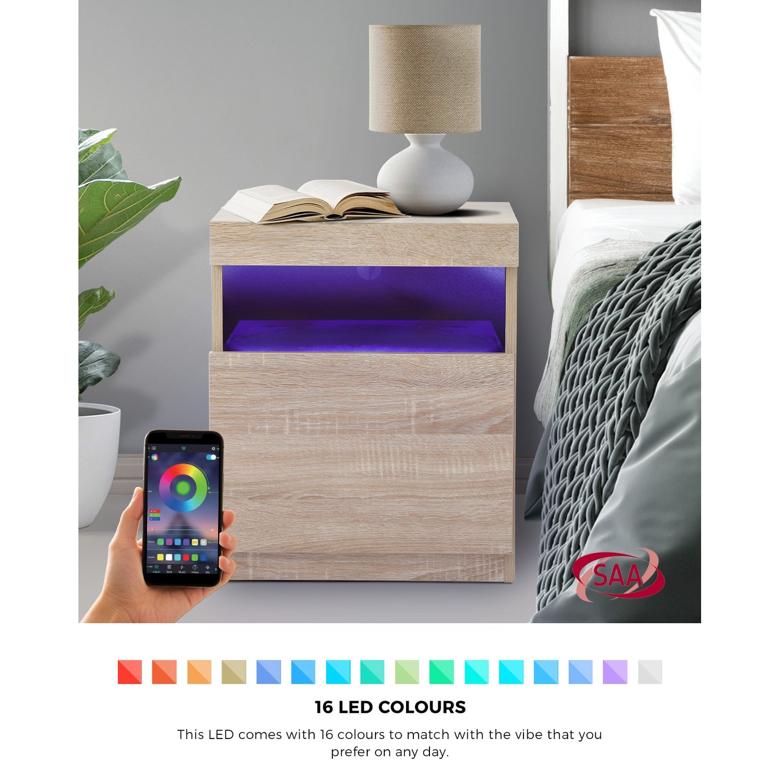 Oikiture Bedside Table LED Nightstand Shelf Side End Table Storage Cabinet