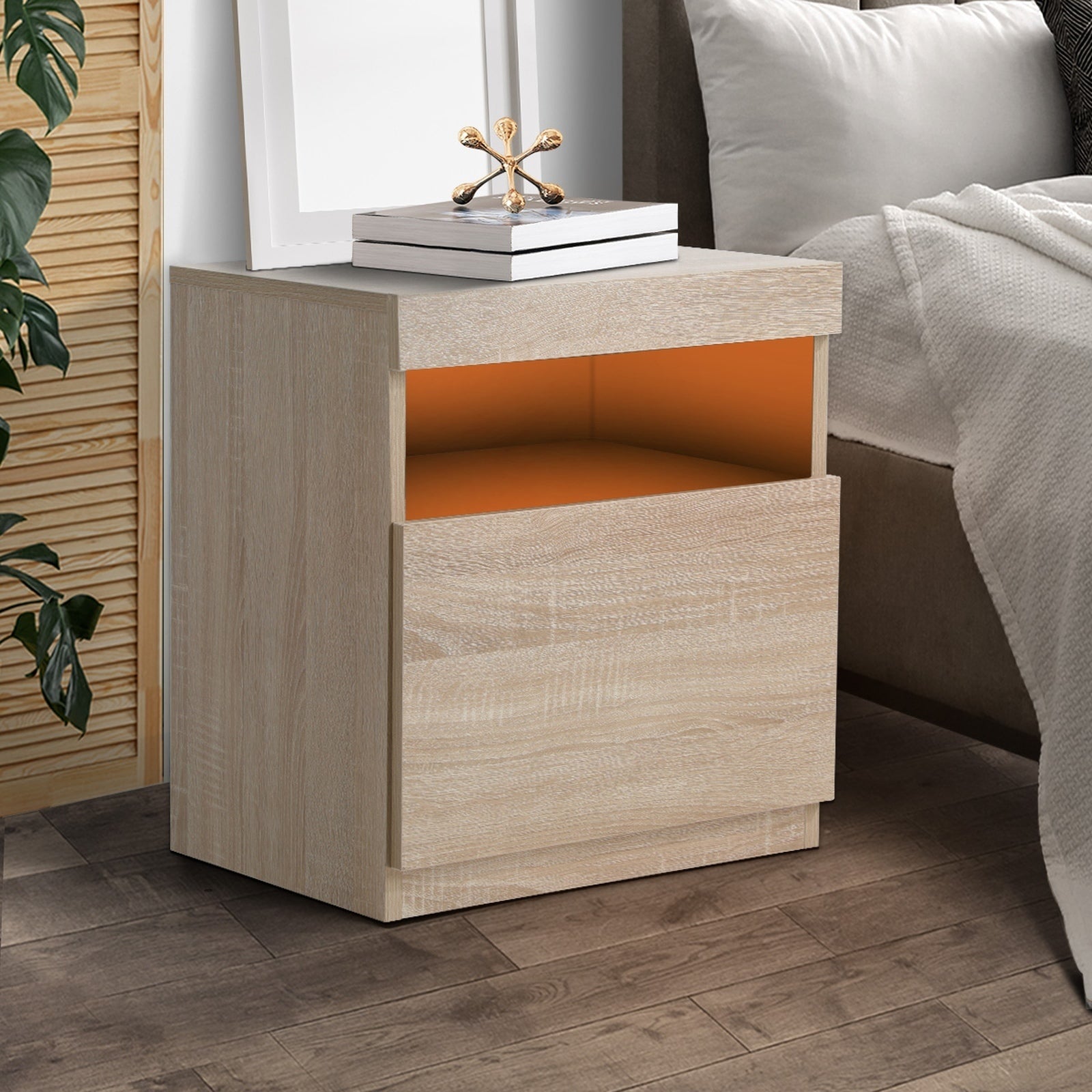 Oikiture Bedside Table LED Nightstand Shelf Side End Table Storage Cabinet