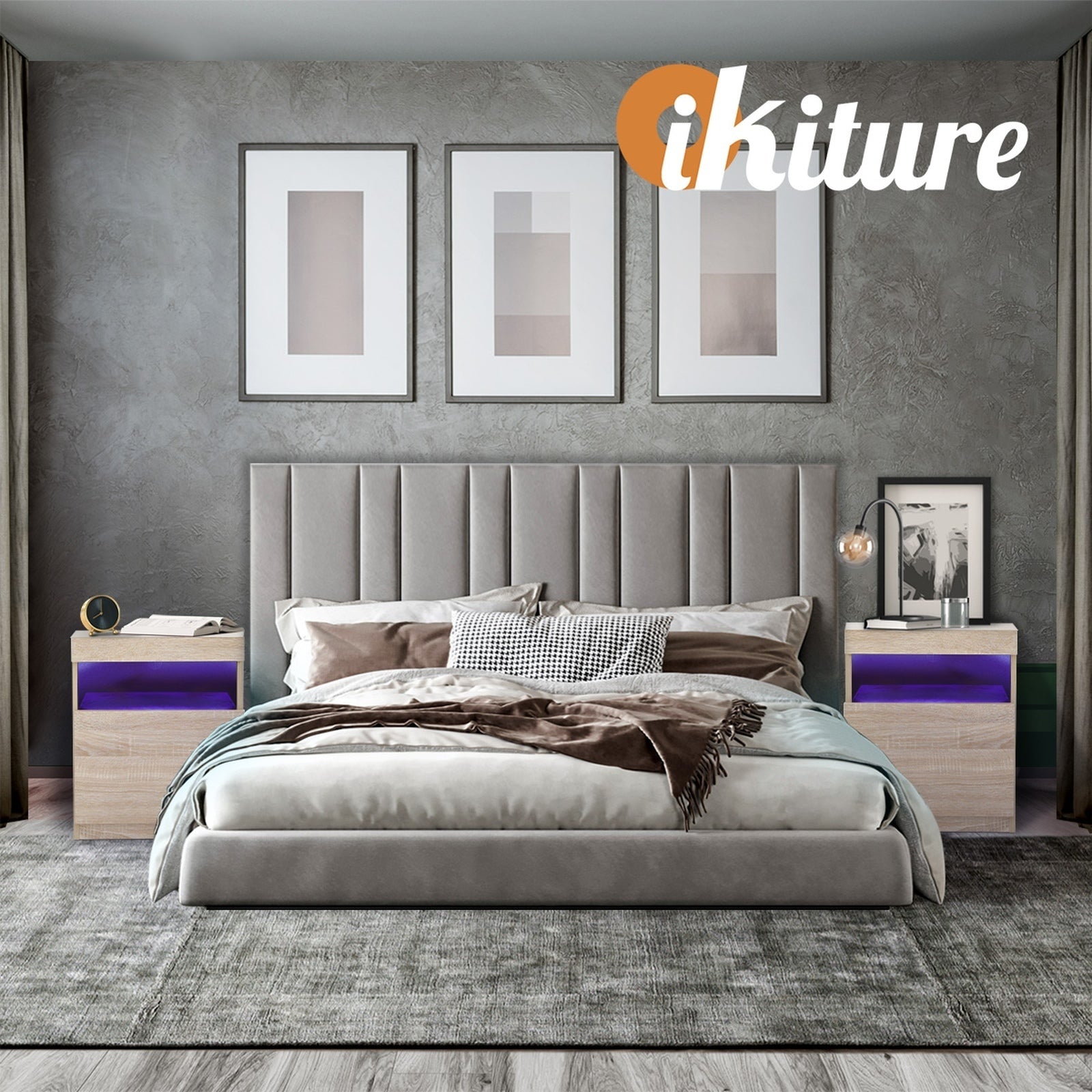 Oikiture Bedside Table LED Nightstand Shelf Side End Table Storage Cabinet