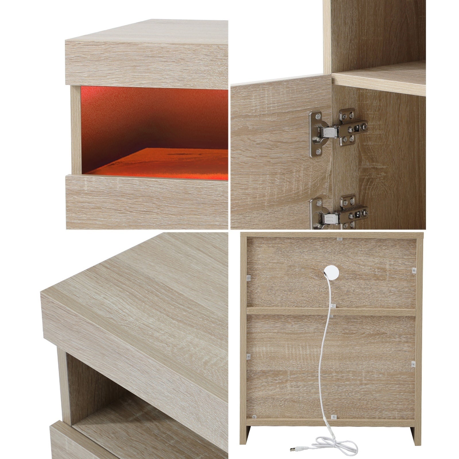 Oikiture Bedside Tables Set of 2 LED Nightstand Shelf Side End Table Natural