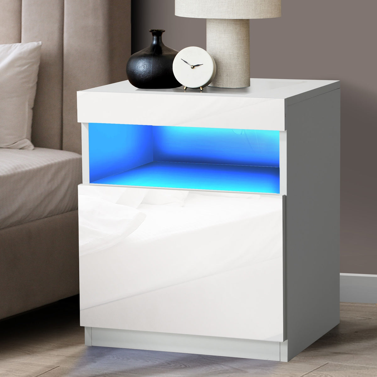 Oikiture Bedside Table LED Nightstand Shelf Side End Table Storage Cabinet White - Sunyee