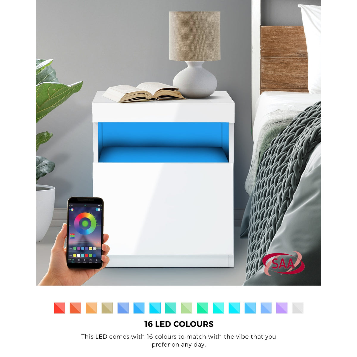Oikiture Bedside Table LED Nightstand Shelf Side End Table Storage Cabinet White - Sunyee