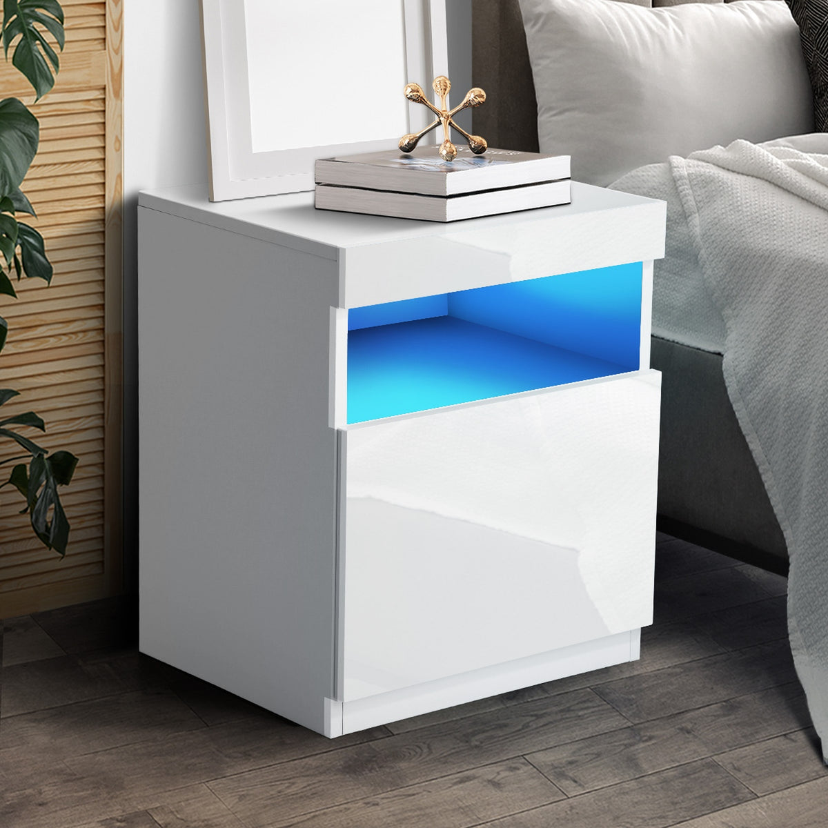 Oikiture Bedside Table LED Nightstand Shelf Side End Table Storage Cabinet White - Sunyee