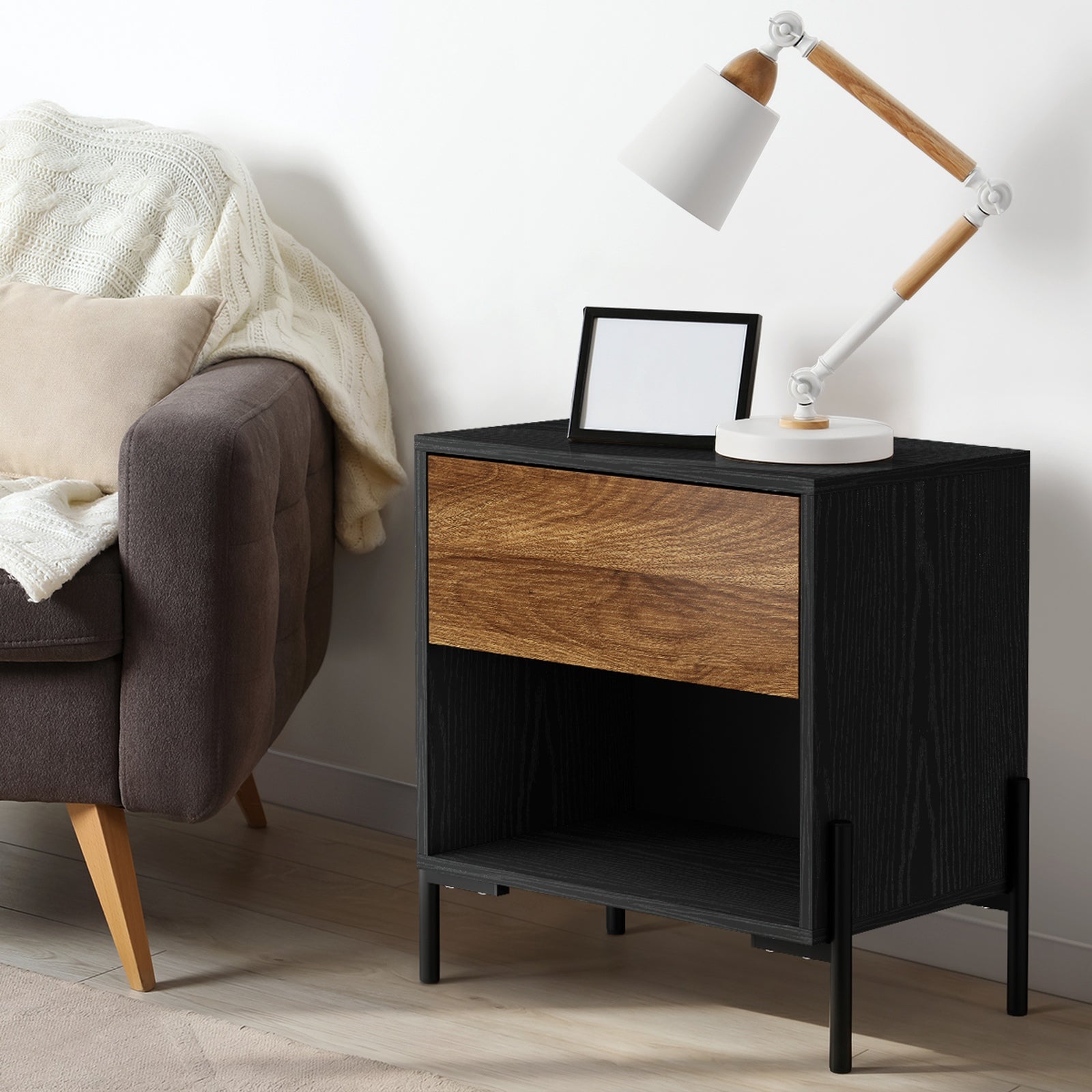 Oikiture Bedside Table Drawer Nightstand Storage Open Shelf Walnut and Black - Sunyee