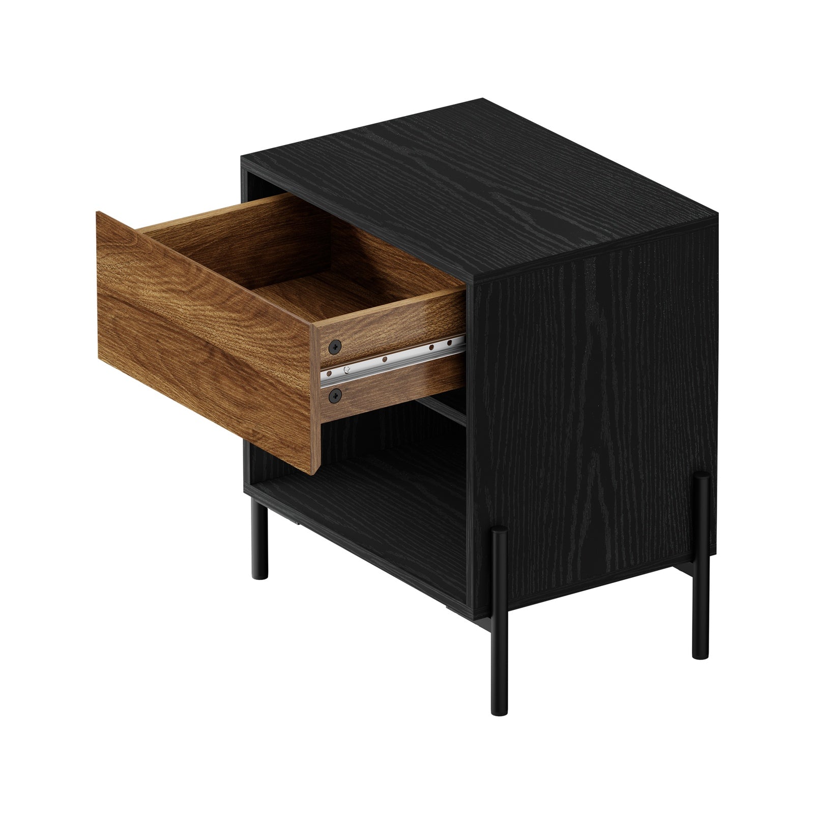 Oikiture Bedside Table Drawer Nightstand Storage Open Shelf Walnut and Black - Sunyee