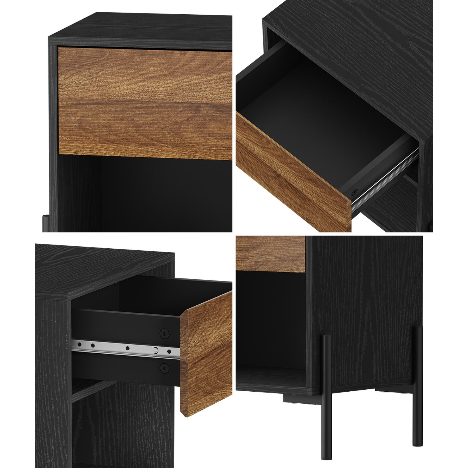 Oikiture Bedside Table Drawer Nightstand Storage Open Shelf Walnut and Black - Sunyee