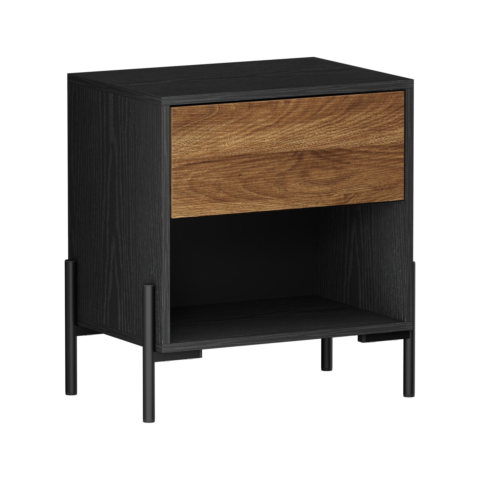 Oikiture Bedside Table Drawer Nightstand Storage Open Shelf Walnut and Black - Sunyee