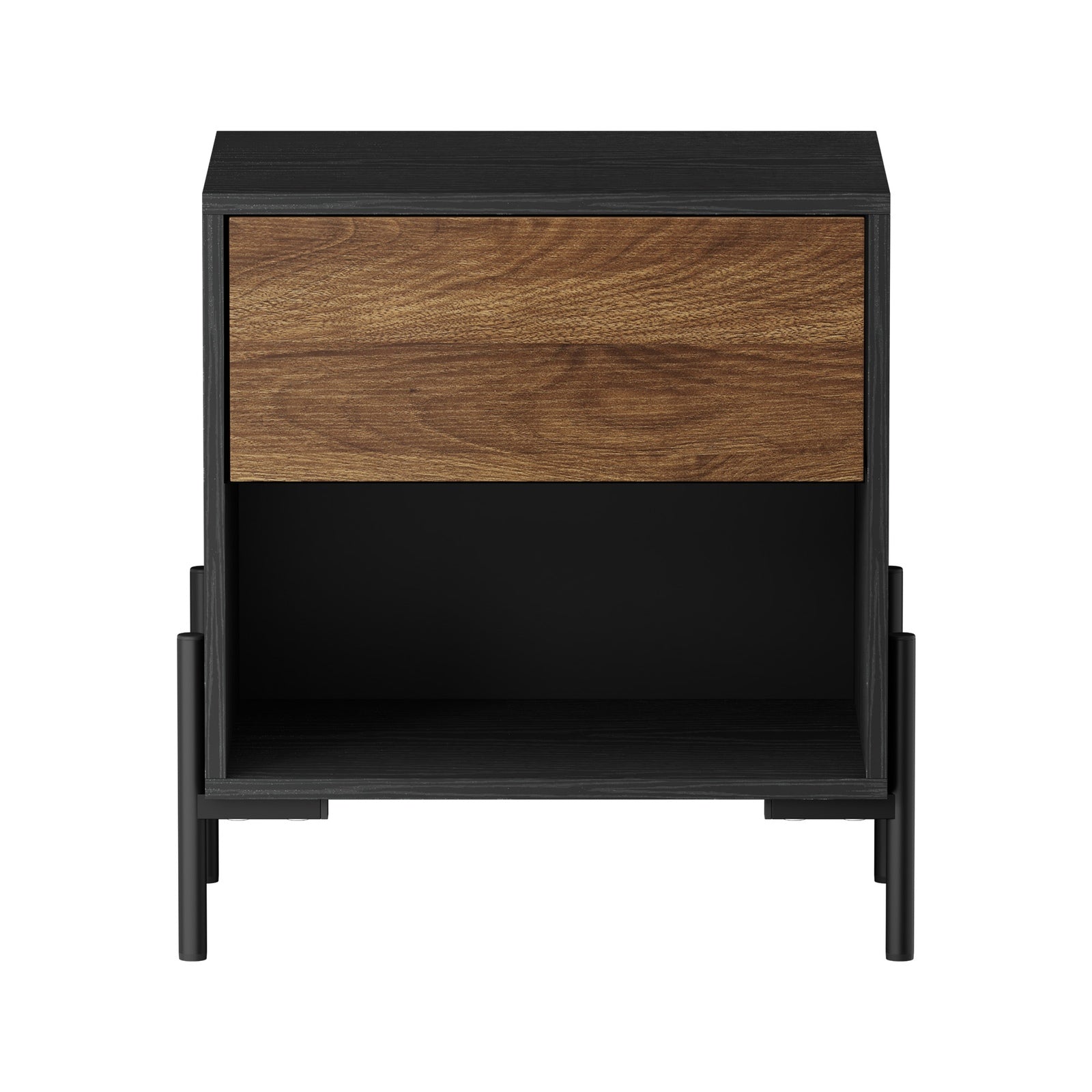 Oikiture Bedside Table Drawer Nightstand Storage Open Shelf Walnut and Black - Sunyee