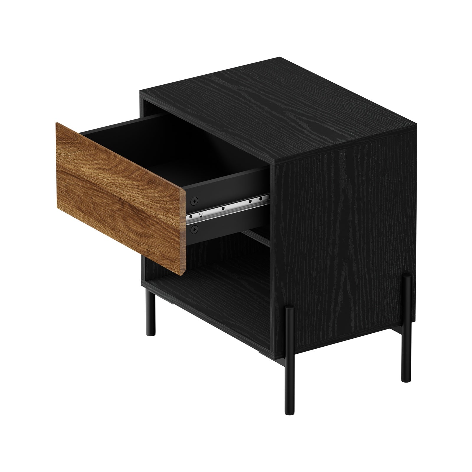 Oikiture Bedside Table Drawer Nightstand Storage Open Shelf Walnut and Black - Sunyee