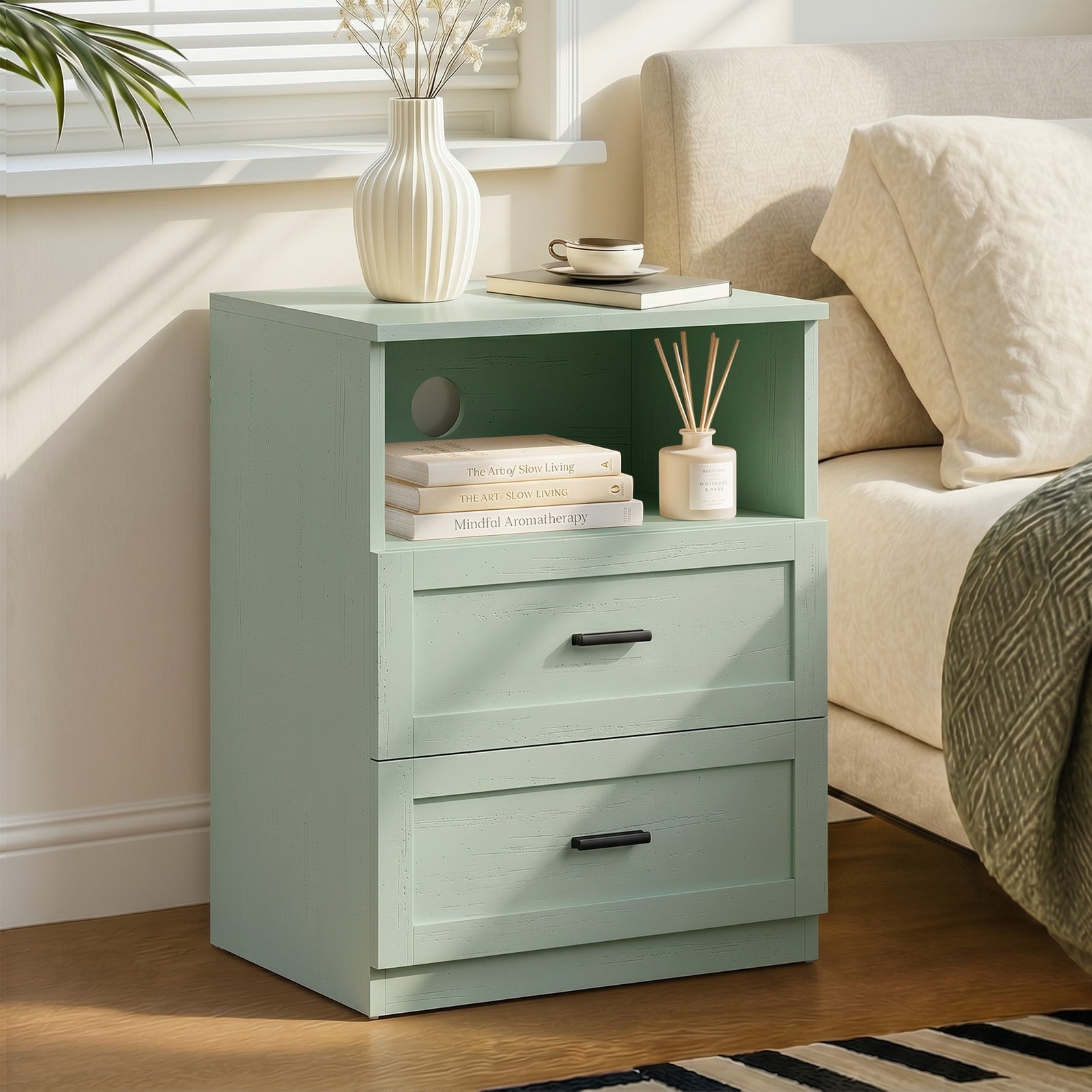 Oikiture Bedside Table 2 Drawers Open Shelf Nightstand Cabinet