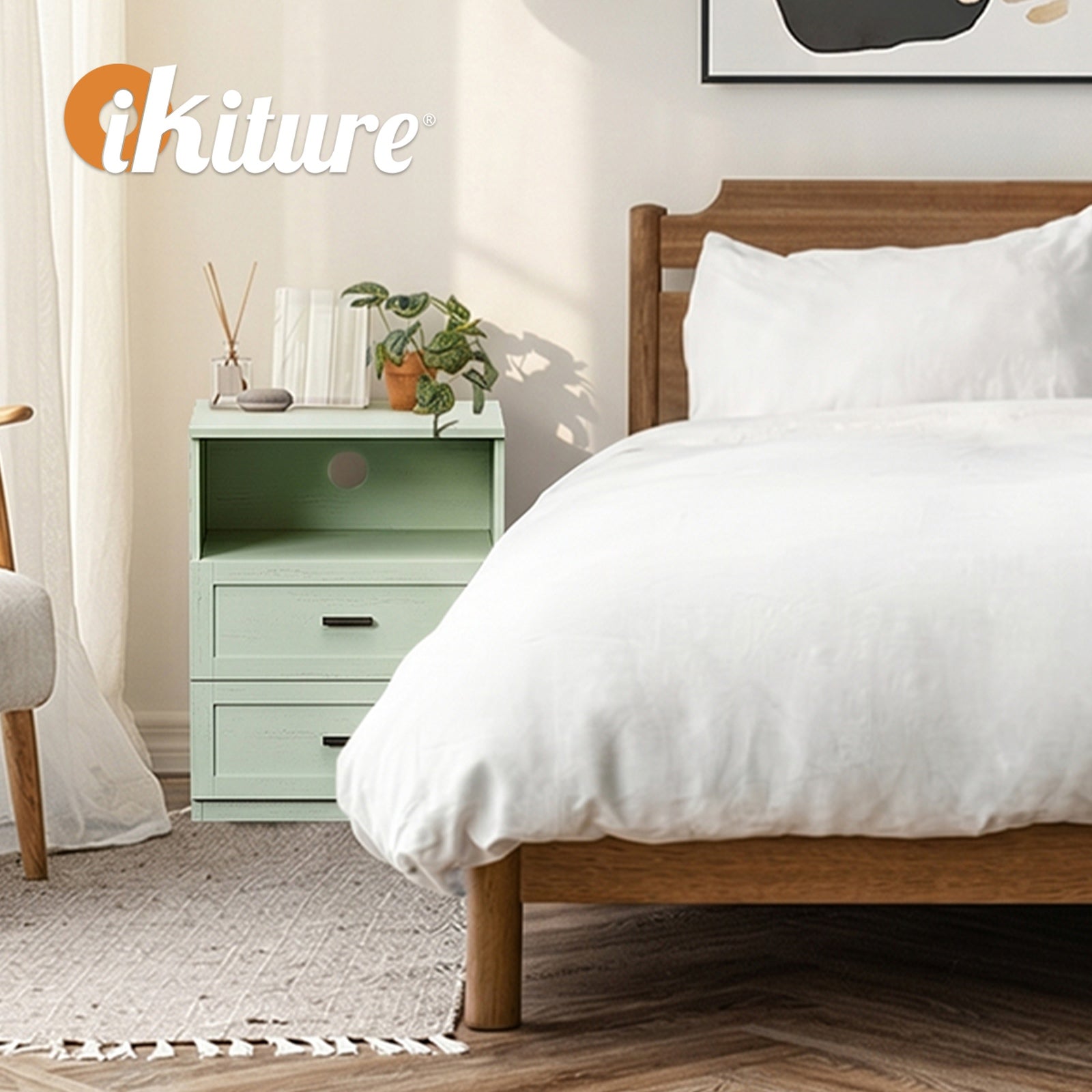Oikiture Bedside Table 2 Drawers Open Shelf Nightstand Cabinet Green
