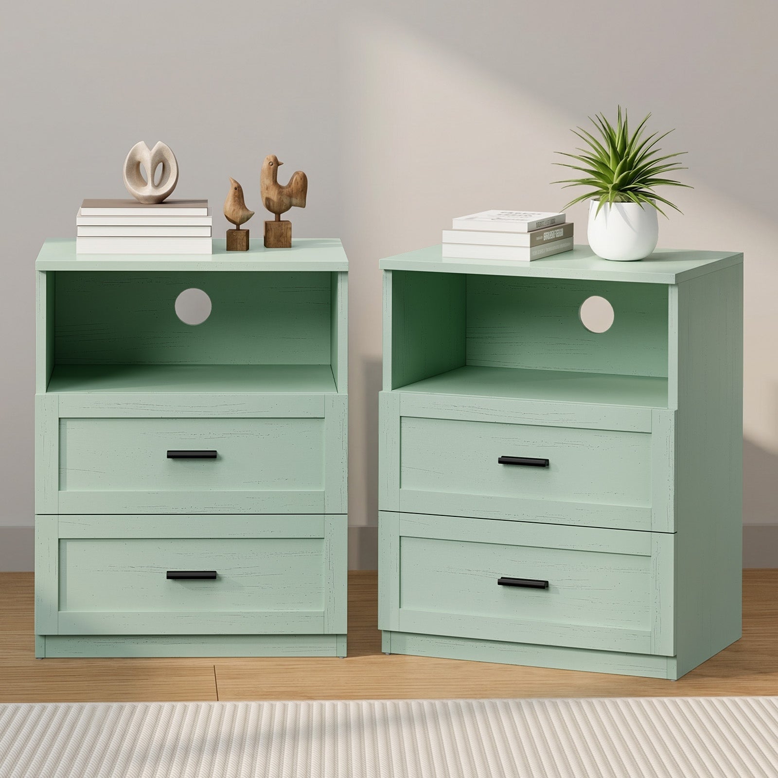 Oikiture 2pc Bedside Table 2 Drawers Open Shelf Nightstand Cabinet Green