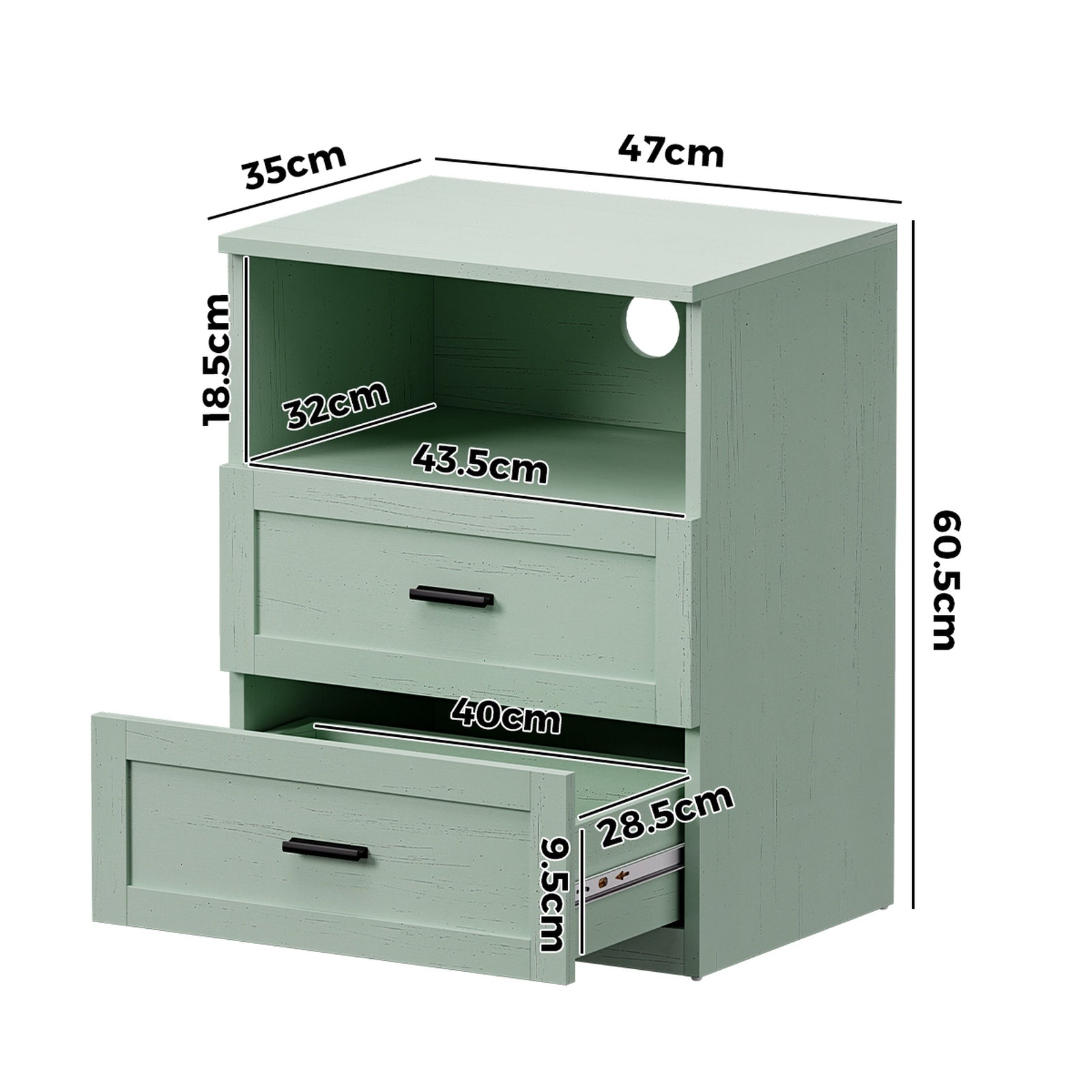 Oikiture 2pc Bedside Table 2 Drawers Open Shelf Nightstand Cabinet Green