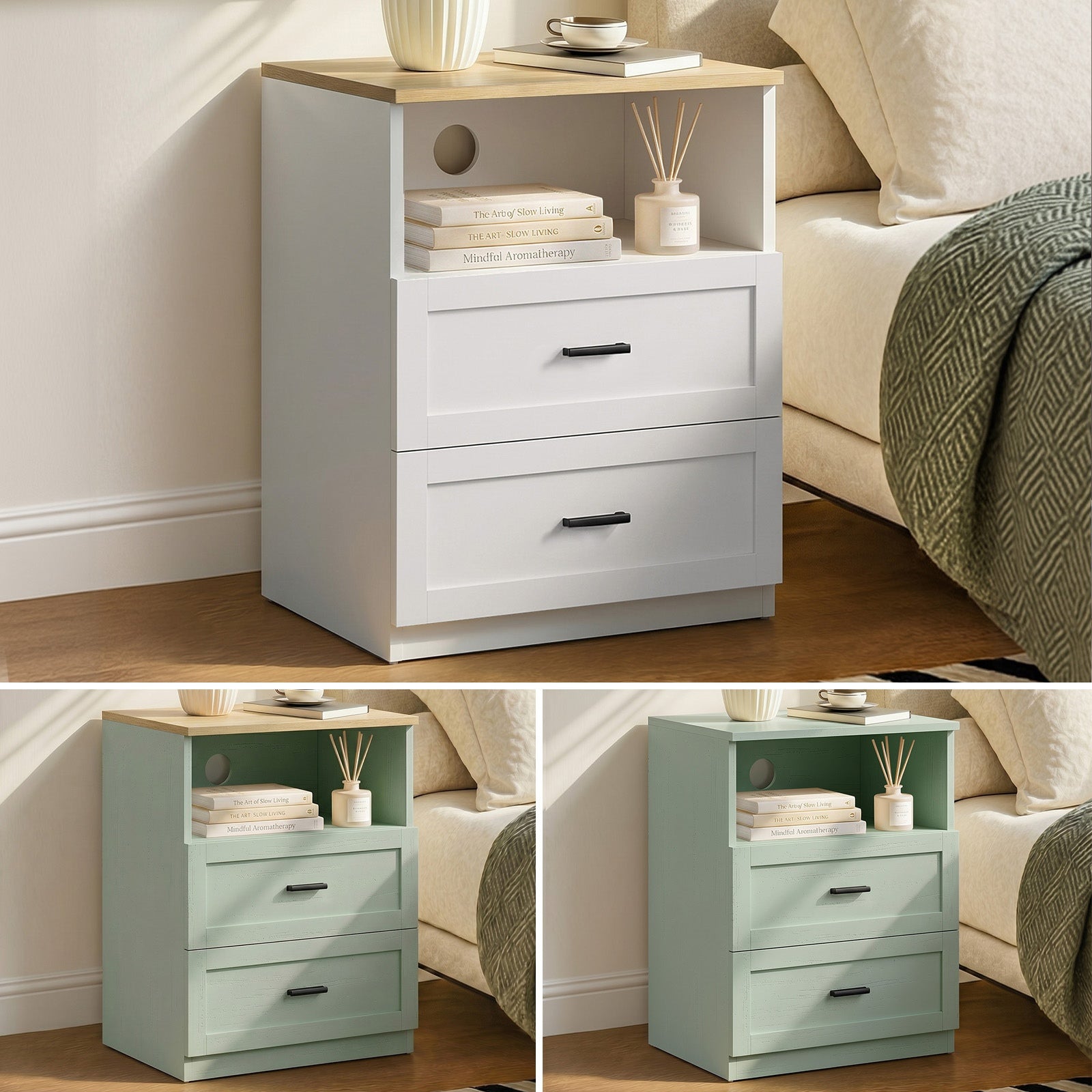 Oikiture Bedside Table 2 Drawers Open Shelf Nightstand Cabinet