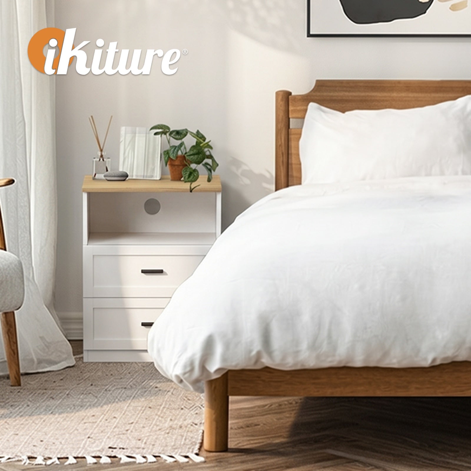 Oikiture Bedside Table 2 Drawers Open Shelf Nightstand Cabinet