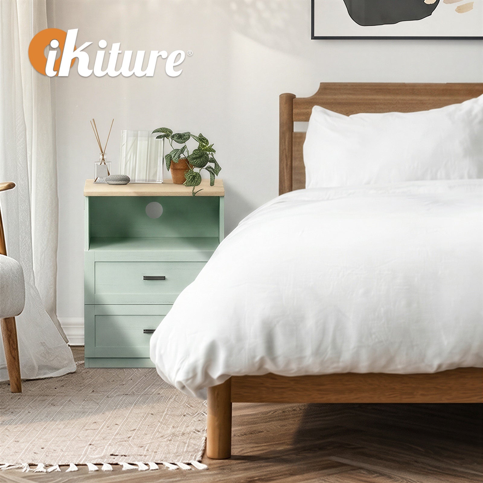 Oikiture Bedside Table 2 Drawers Open Shelf Nightstand Cabinet Natural&Green
